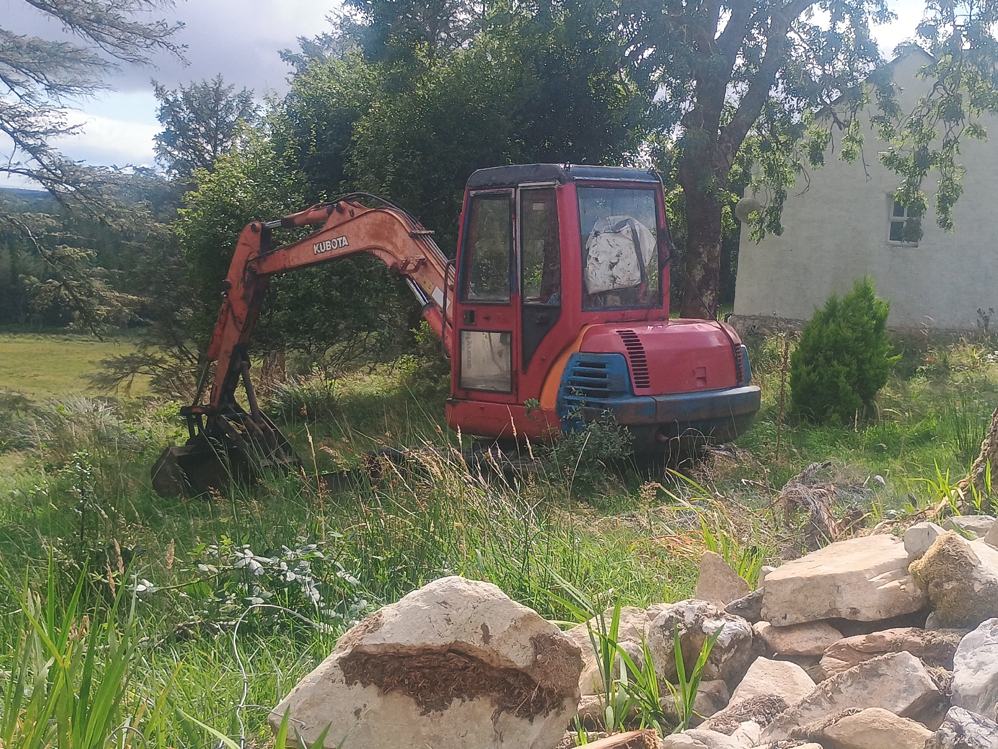 An abandoned red and blue mini excavator is situated in a grassy, overgrown area. The excavator is positioned towards the right of the frame, with its boom extending to the left. The cabin of the excavator is visible, featuring glass windows. Behind the excavator, a white building with a window is partially obscured by a large tree with green foliage. The foreground of the image is filled with tall, dry grass and scattered rocks. The background consists of more trees and a cloudy sky. No people are present in the image.