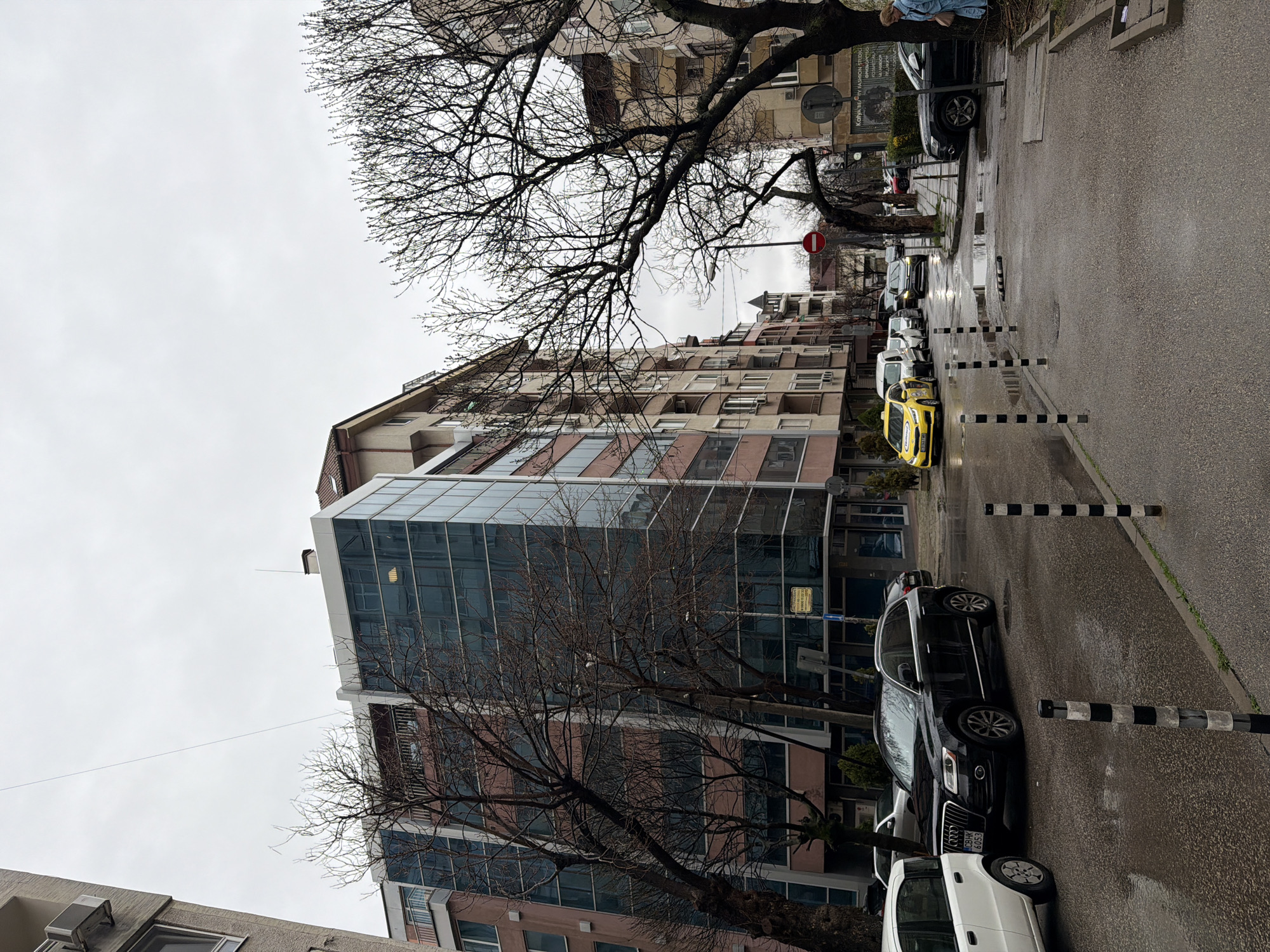 The image depicts a street scene in Sofia, Bulgaria, specifically around Ulitsa Tsar Asen I, on an overcast day. The asphalt road is wet with visible puddles, indicating recent precipitation. Bare-branched deciduous trees line the street, suggesting late winter or early spring.
On the left, a multi-story building features a modern glass facade with dark blue-green tinted windows, integrated with terracotta-colored panels. To its immediate left is a taller, older residential building with a visible outdoor air conditioning unit. Several vehicles are parked along the left curb, including a partially visible white hatchback, a black Audi Q5 SUV with Bulgarian license plate "CBHK 6053," two yellow Sofia taxis, a white van, and other passenger cars. One distant car has its headlights illuminated.
The center of the image shows the wet street with a series of black and white striped bollards on the right edge, one of which appears to be dislodged and lying on the ground. A "No Entry" traffic sign (red circle with a white horizontal bar) is visible further down the street.
On the right side, multiple older, multi-story residential buildings with various light-colored facades and balconies are visible. Near the foreground, a dark-colored SUV is parked on the sidewalk adjacent to a large, bare-branched tree. Partially visible on the far right, a person, a woman wearing a light blue jacket and carrying a light-colored bag, walks away from the viewer. A sign for "KATYA B. FASHION STUDIO" is affixed to a building on the right. Utility poles and streetlights are interspersed throughout the scene.