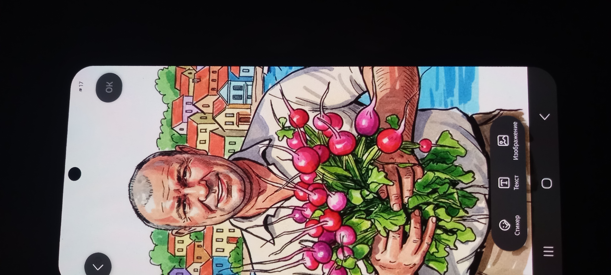 The image shows a digital illustration on a smartphone screen. The illustration depicts a man with grey hair, wearing a light-colored collared shirt, holding a bunch of radishes. He is smiling and stands in front of a background of colorful buildings and green trees, possibly representing a coastal town. The smartphone display shows interface elements such as navigation buttons, icons for "Sticker," "Text," and "Image," and a timestamp "17." The image is taken from an angle, with the black border of the phone visible on the right side. There is no information within the image to suggest it is located in Kryvyi Rih, Ukraine.