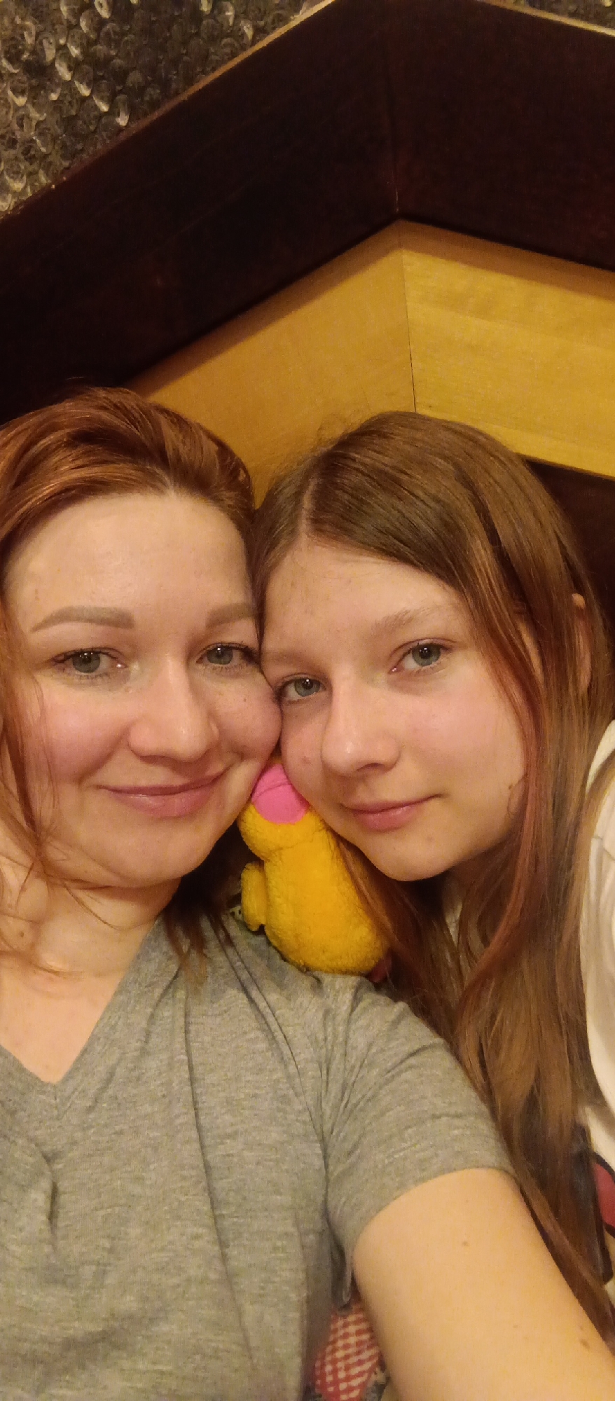 The image is a close-up, warm-toned portrait featuring two females, likely a mother and daughter, captured in an indoor setting. The individual on the left has reddish-brown hair and light blue-green eyes, smiling softly at the camera. She wears a grey V-neck t-shirt. The individual on the right has lighter brown hair and similar light blue-green eyes, also smiling gently and looking towards the camera. She appears to be wearing a light-colored top, possibly white. Their faces are close together, suggesting an affectionate relationship.
Nestled between them, resting on the left person's shoulder, is a small, soft yellow stuffed animal, possibly a duck or chick, with a pink detail on its head. The background consists of dark wooden frames and panels, with a textured, possibly glass, surface visible in the upper left corner and a lighter, warm-toned wooden surface in the upper right. The lighting is soft and ambient, creating a cozy atmosphere, suggesting it might be evening or indoors away from direct sunlight. Both individuals exhibit calm and contented expressions, indicating a warm interaction. There is no visible text in the image.