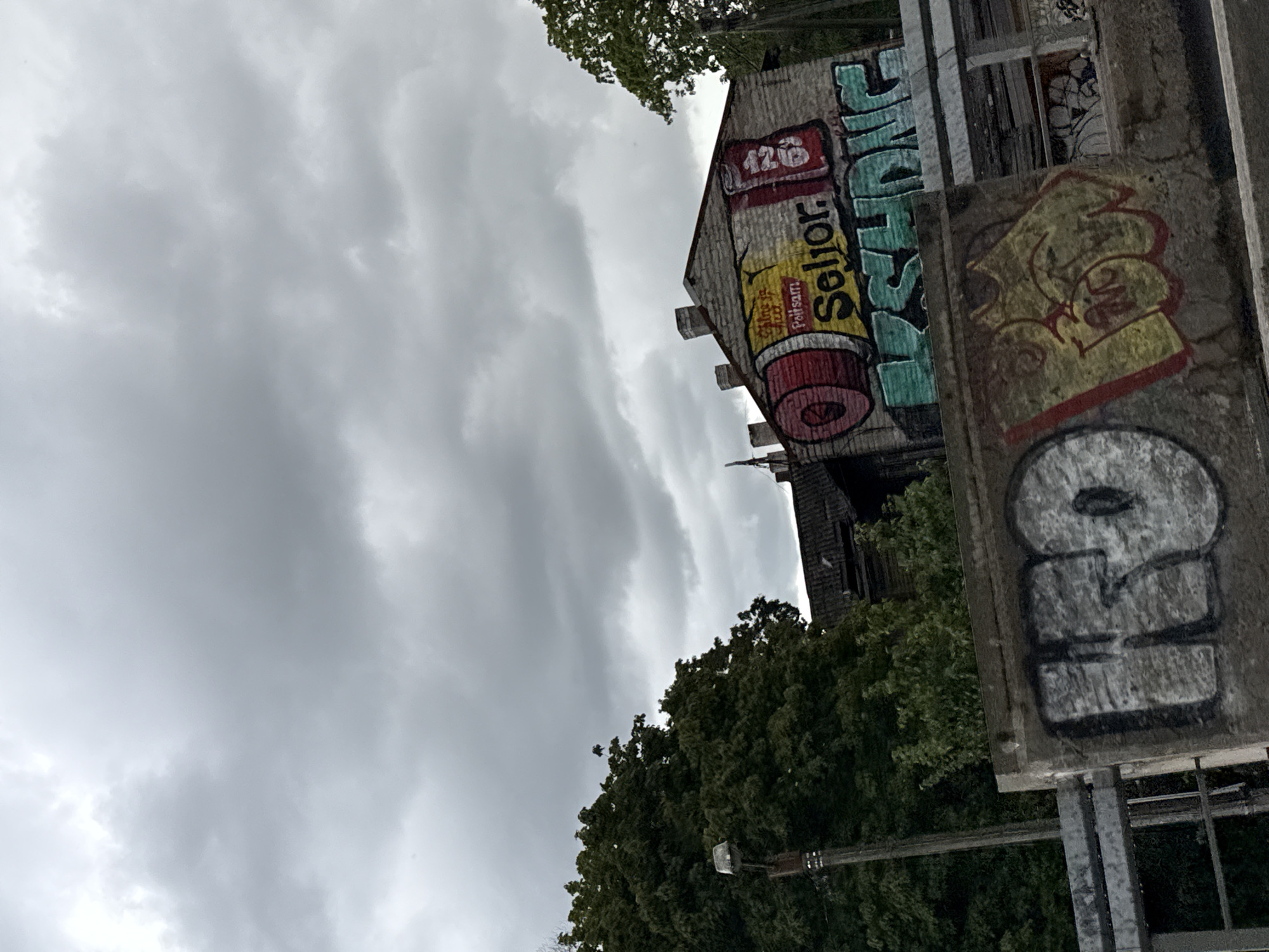 The image depicts a graffiti-covered building in Tallinn, Estonia, under a cloudy sky. The building, constructed of light-colored bricks, features a large mural resembling a tube of ointment with the text "Selior" and "Palsam" written on it. Below this, another graffiti tag in green letters is visible. In the foreground, a concrete barrier is also covered in graffiti, with a large "IRO" in grey and red spray paint on the left and yellow and red abstract graffiti on the right. A metal railing runs along the top of the barrier. To the left of the building, a dense, dark green tree stands tall, and a street lamp is mounted on a pole. The background shows a dark, tiled roof of another structure. The overall scene suggests an urban environment with a focus on street art.