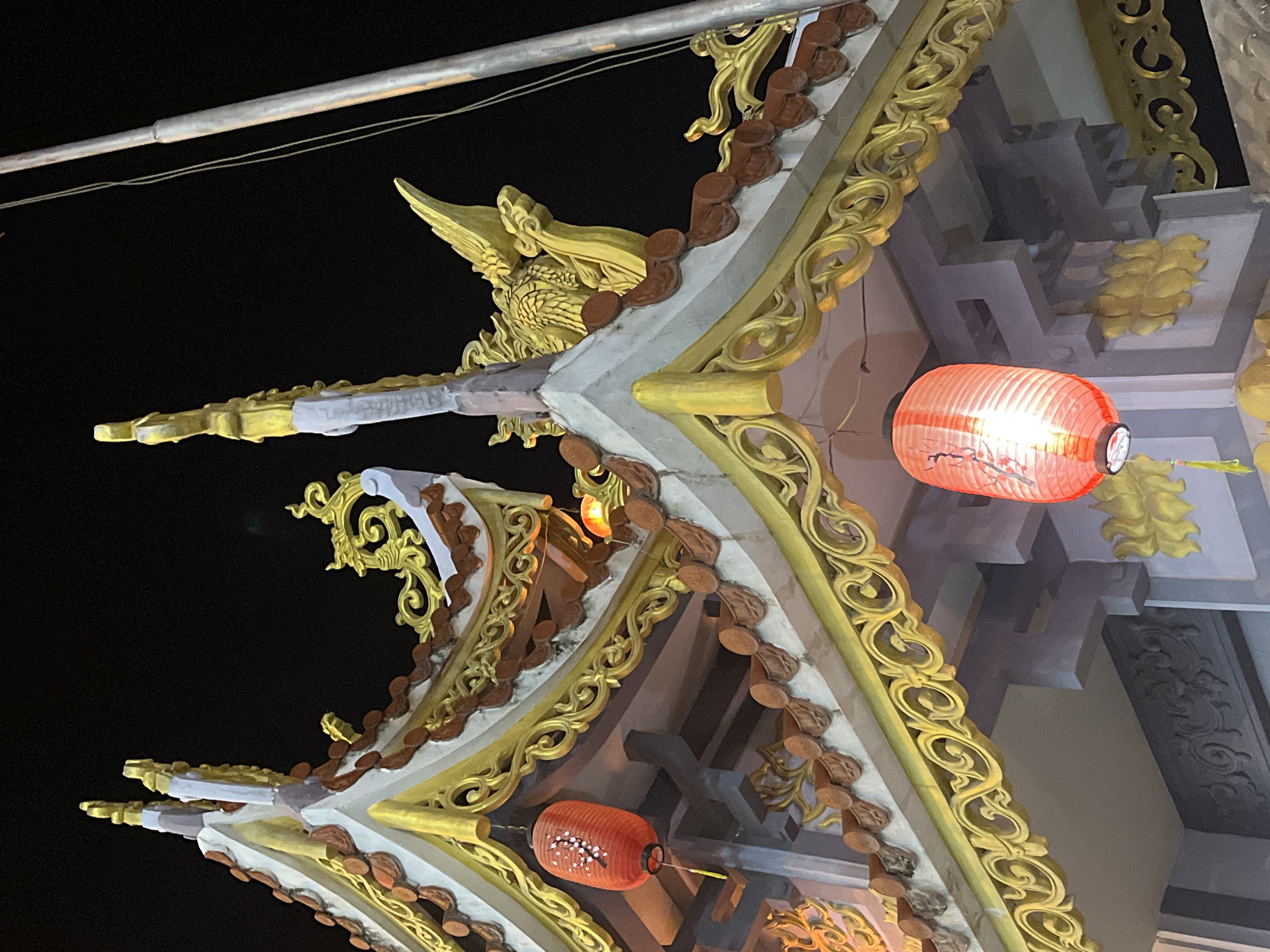 The image shows a close-up, low-angle view of the ornate, gilded roof of a building at night. Red paper lanterns with floral motifs hang from the eaves, illuminated from within. The architecture features layered, curved roof tiles in terracotta and gold, intricate swirling decorative patterns in gold, and a prominent golden dragon or phoenix sculpture on the rooftop. The background is entirely black, suggesting the photo was taken after dark. Part of a silver pole and thin wires are visible on the right side, possibly indicating a flag pole or electrical conduit. The scene is characteristic of traditional East Asian architectural styles, commonly found in temples or pagodas.