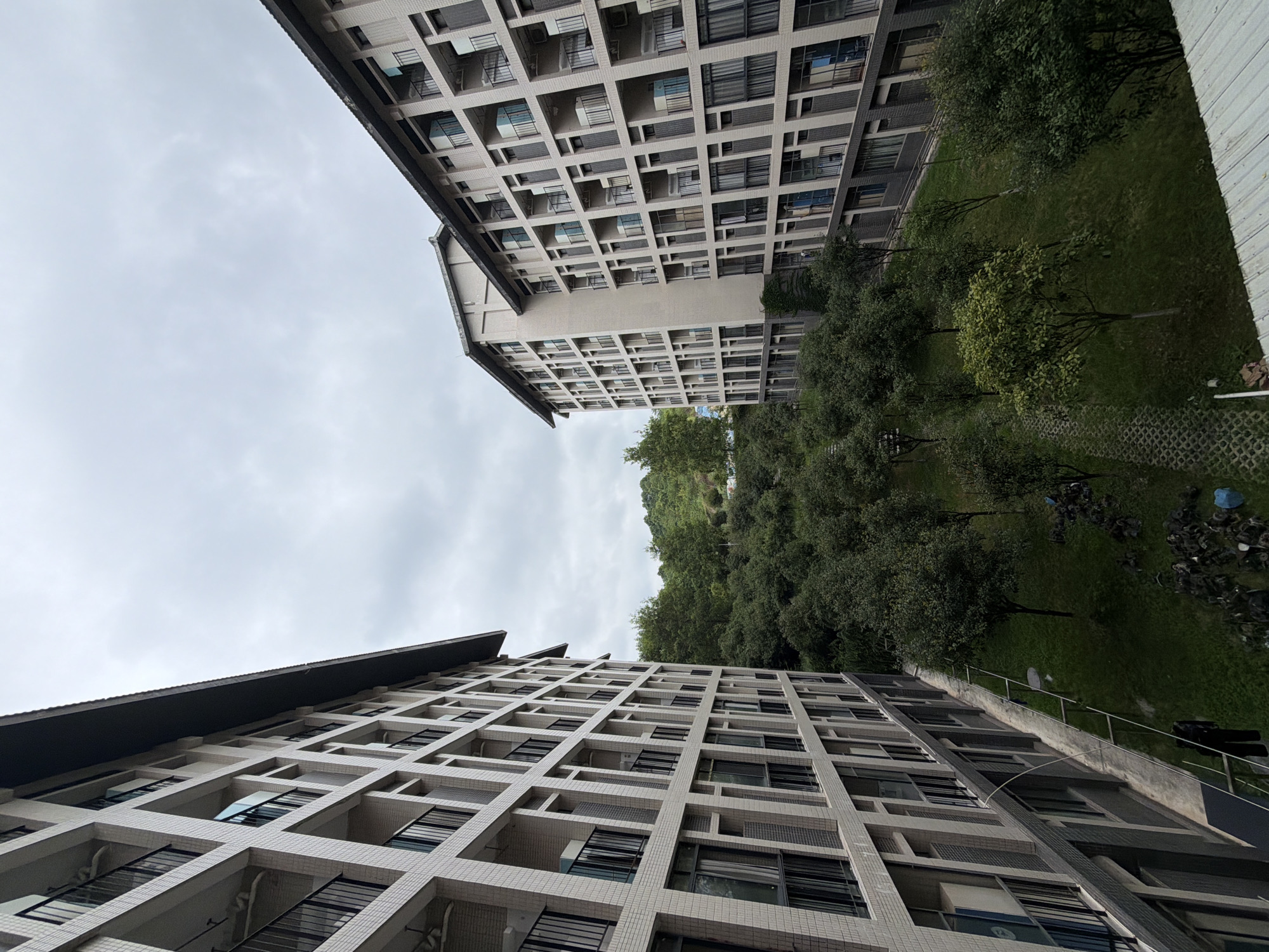 This is a high-angle, full shot of the exterior of two apartment buildings with a courtyard between them, located in Jiangjin, China. The buildings are made of light-colored brick and feature multiple balconies with black railings. The courtyard is filled with green grass and numerous trees, some of which appear to be fruit-bearing. A pathway made of concrete pavers winds through the courtyard, and at the bottom right, a pile of discarded items is visible. The sky is overcast and cloudy, suggesting a temperate climate.