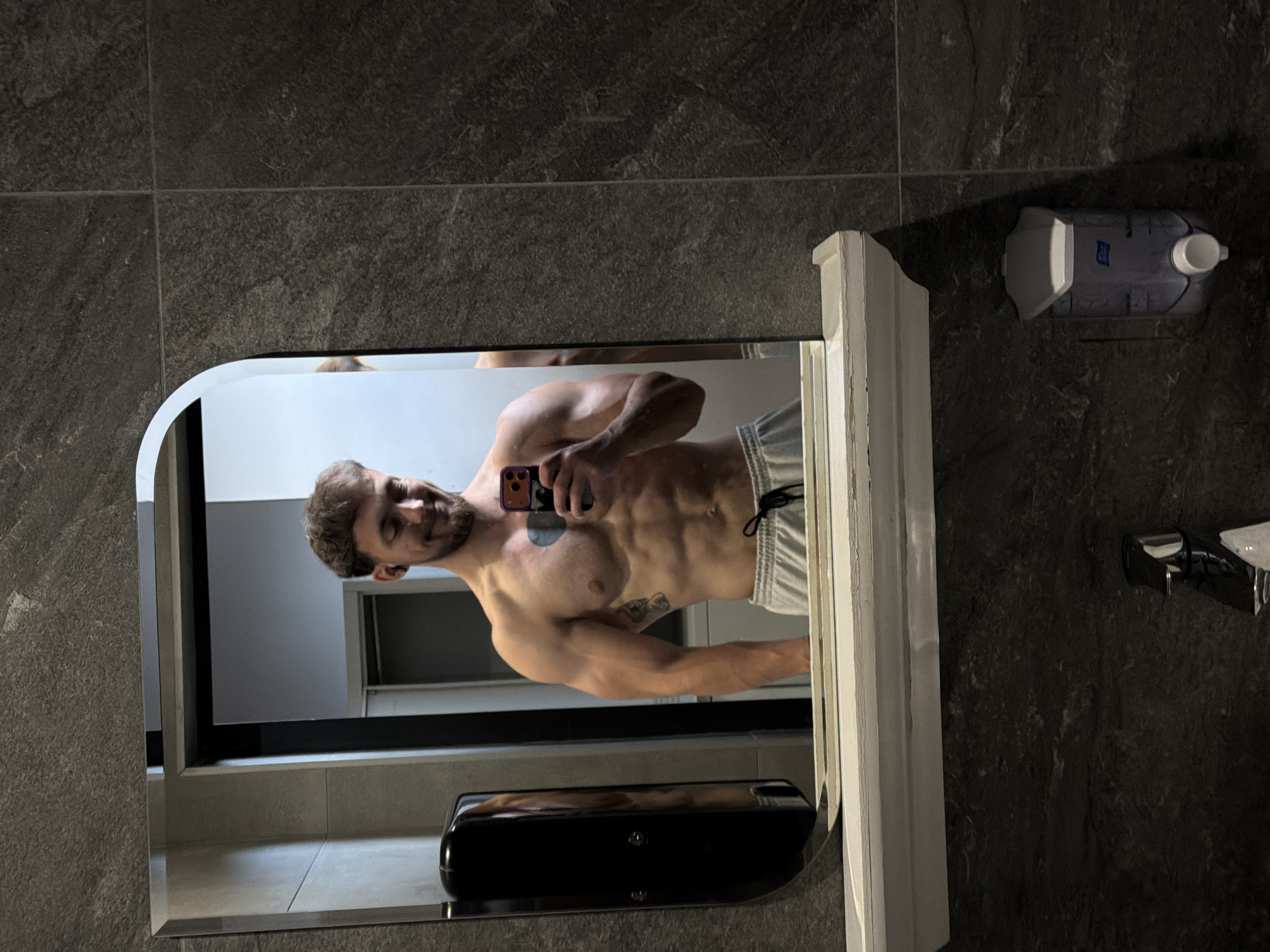 A muscular man is captured in a mirror selfie, showing his physique from the chest to mid-thigh. He has a beard and short hair, and a slight smile on his face. He is holding a smartphone with a purple case to take the picture. The man is wearing light grey athletic shorts with a black drawstring.
The setting appears to be a modern bathroom or changing room. Dark, textured rectangular tiles cover the walls around the mirror. The mirror itself has a light-colored frame and a rounded top edge. Reflected in the mirror, behind the man, are light-colored walls and possibly a doorway or cabinet.
To the lower right within the mirror's reflection, a black, wall-mounted soap dispenser is visible. Outside the mirror's frame, on the dark tiled wall to the right, there is a white and blue dispenser or bottle with a small spout, featuring the brand name "Tork". A chrome faucet or tap is partially visible further to the right. The lighting suggests an indoor environment, possibly daylight entering or bright artificial light. The man's expression conveys confidence or contentment.