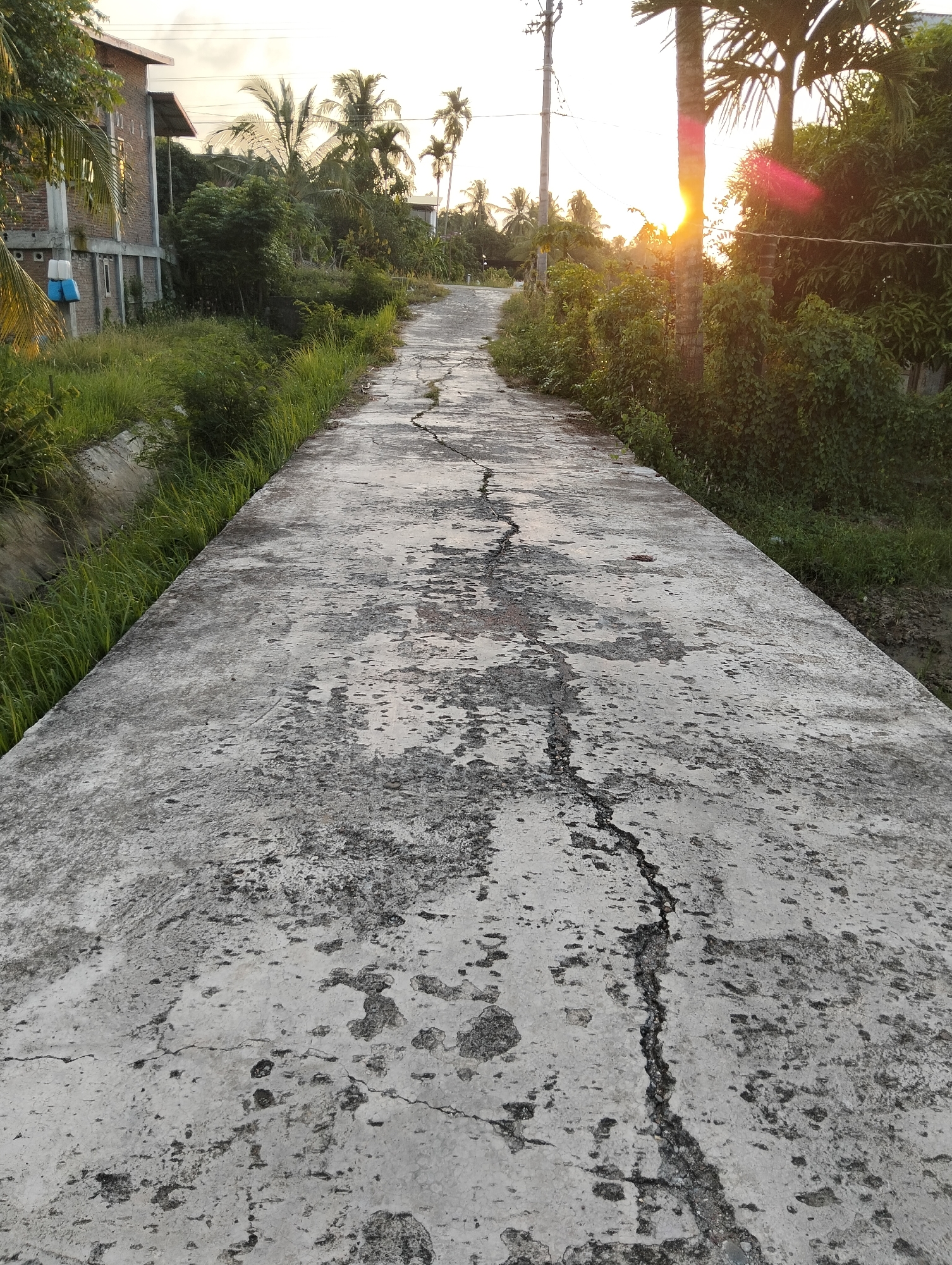 An outdoor, eye-level, vertical shot shows a cracked concrete path curving away from the camera into a landscape of lush green foliage and palm trees. The sun is setting, casting a warm, golden light and a pink lens flare onto the scene. In the distance, a power pole stands tall amidst the trees. To the left of the path, a building with white trim and blue siding is partially visible, surrounded by tall grass. The path itself is weathered and shows significant signs of wear and tear, with large cracks running along its surface. The overall impression is one of a rural setting in Reuleut Timu, Indonesia, at dusk.