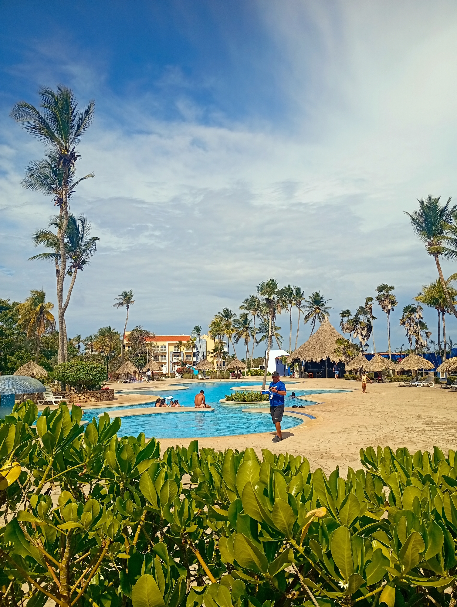 The image captures a daytime scene at a resort pool in Playa El Agua, Venezuela. The pool, filled with light blue water, is surrounded by a beige concrete deck. Several people are in the pool and on the deck. A man in a blue shirt and dark shorts stands near the pool's edge. Lush green bushes frame the foreground, partially obscuring the view. Palm trees of varying heights dot the landscape, set against a backdrop of partly cloudy blue sky. A building with a light orange roof is visible in the distance behind the pool area. Thatched-roof structures provide shade to the right of the pool. Deck chairs and other resort furniture are scattered around the pool deck.