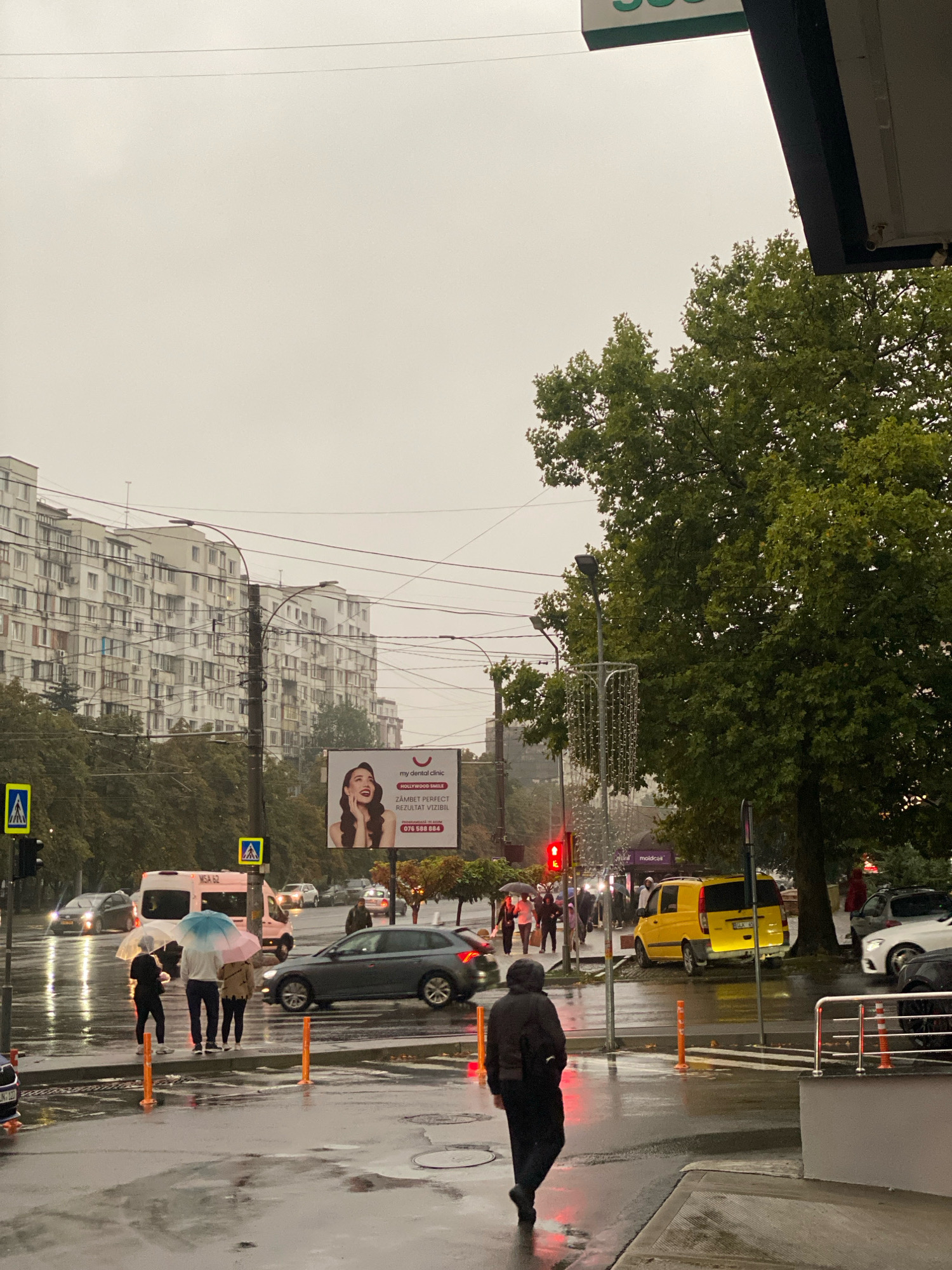 The image depicts a street scene in Chișinău, Moldova, on a rainy day. The sky is overcast, and the wet pavement reflects the ambient light. In the foreground, a person in a black hooded jacket walks away from the camera, their reflection visible on the wet sidewalk.
Further down the street, several pedestrians are gathered under umbrellas, crossing the road. Among them are individuals with a light blue and a pink umbrella, standing on the crosswalk. Various vehicles are present, including a white van with "MSA 62" visible on its side, a yellow van, a gray hatchback, and a white sedan. Traffic lights are visible, with a red light illuminated at one intersection.
In the background, large apartment buildings with numerous balconies line the street. A billboard advertises a dental clinic with the slogan "my dental clinic HOLLYWOOD SMILE ZÂMBET PERFECT REZULTAT VIZIBIL". Overhead power lines crisscross the sky, and a large green tree with dense foliage stands on the right side of the frame. The overall atmosphere is one of a typical urban environment experiencing inclement weather.