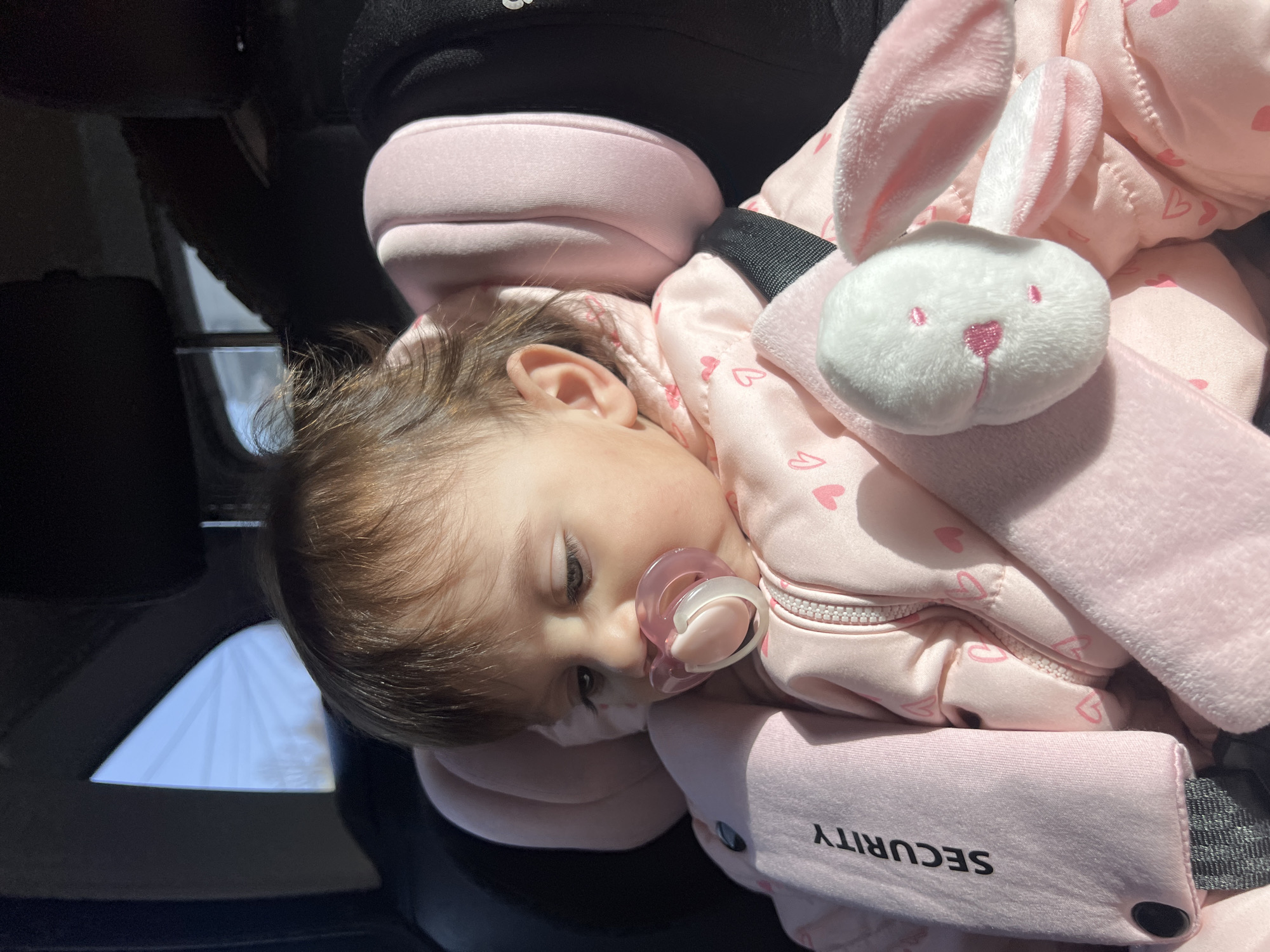 A baby rests in a car seat, wearing a pink outfit with small heart patterns. A pacifier is in the baby's mouth. A white plush bunny with pink accents rests against the baby's side. The car seat has a pink strap labeled "SECURITY." The location of Elena, Bulgaria is not deducible from the image.