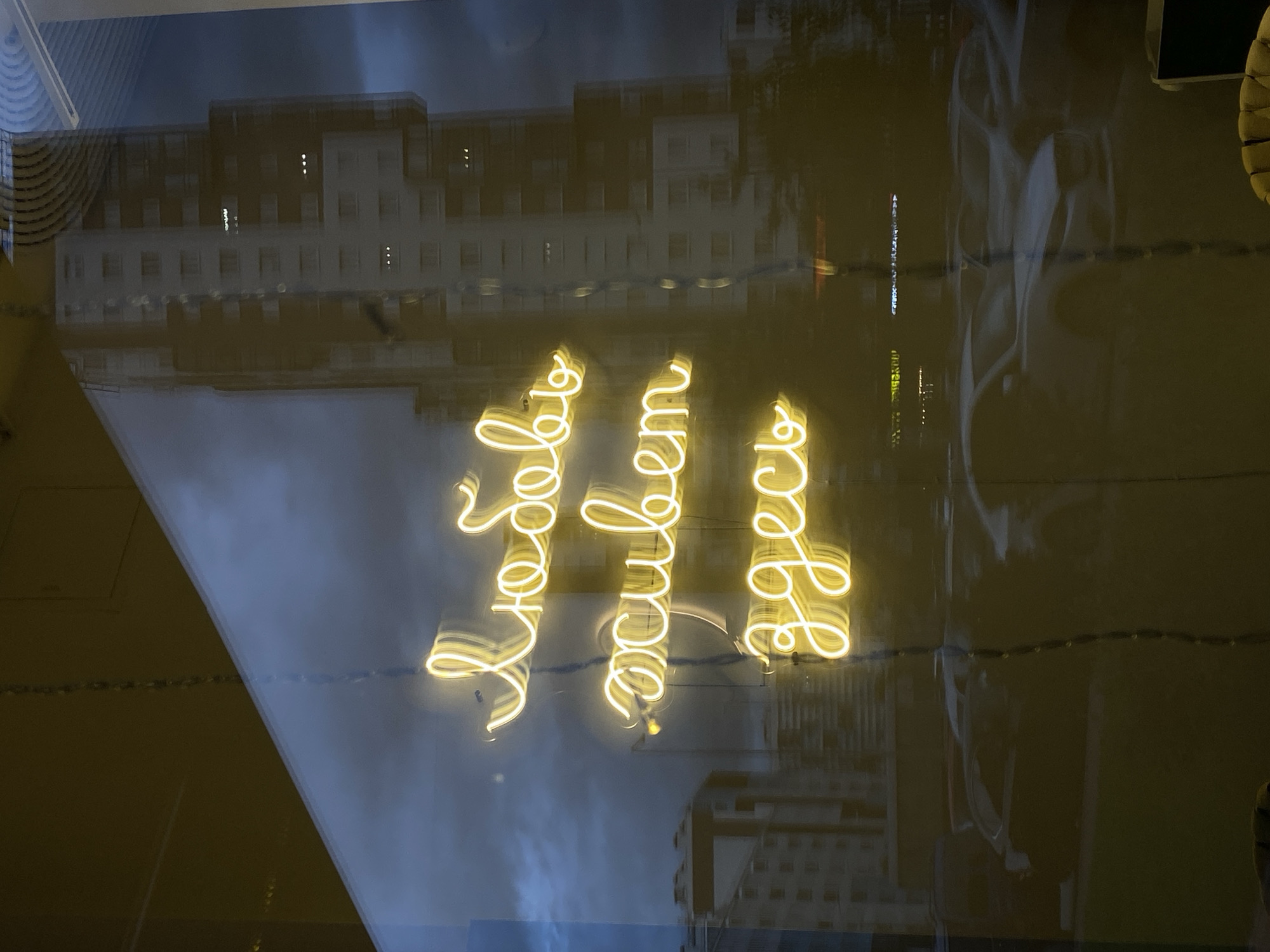 The image depicts a neon sign that reads "любовь живет здесь" (love lives here) in Russian, reflected in a window. The reflection also shows buildings across the street, suggesting the location is likely urban. The architecture of the buildings in the reflection indicates a possible location in Saint Petersburg, Russia, based on common building styles in the city. The overall lighting suggests it is night time or a dimly lit environment.
