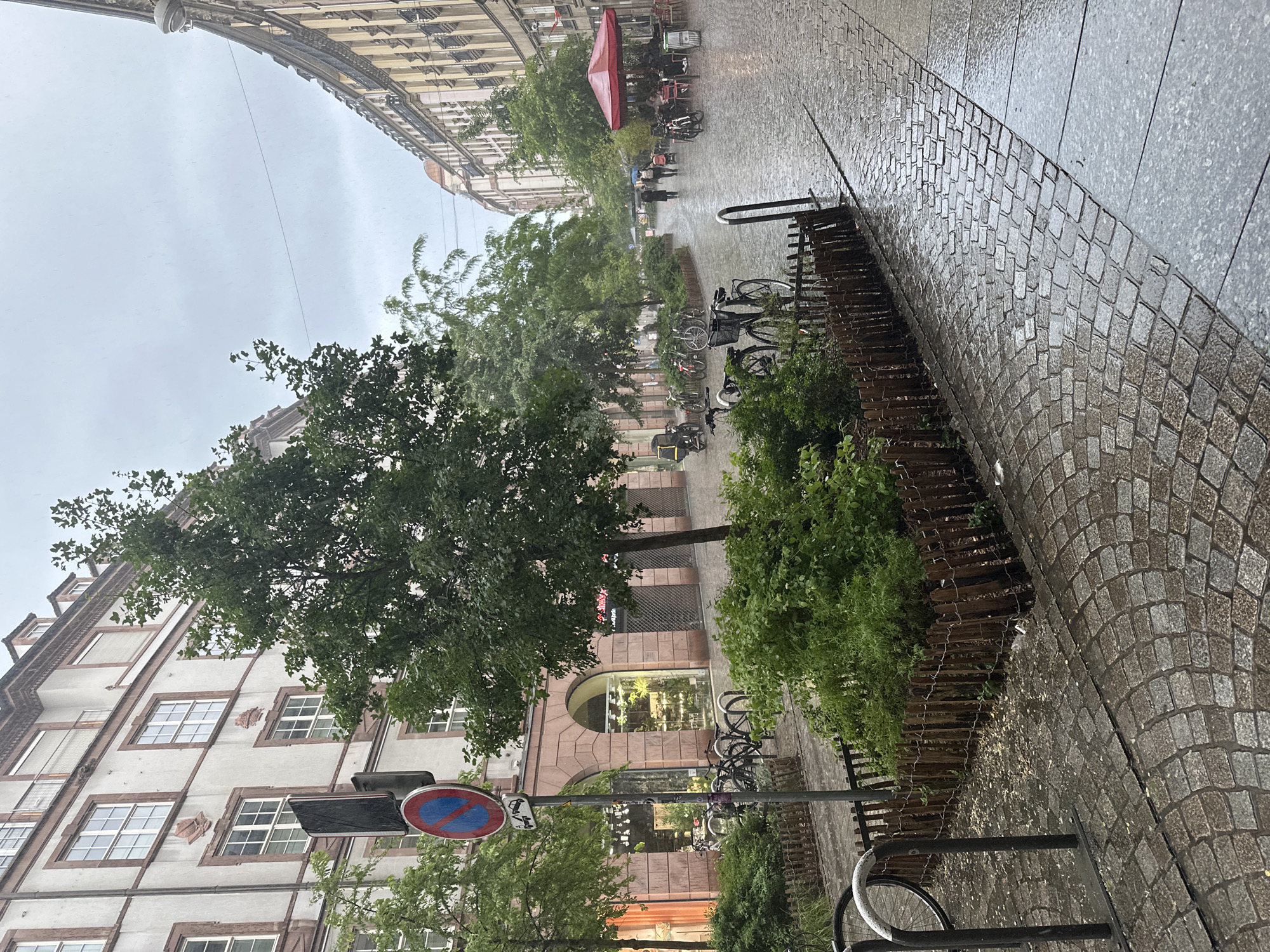 The image depicts a wet street scene in Strasbourg, France, during rainy weather. The perspective is from a standing position, possibly on a sidewalk or slightly elevated vantage point. The foreground features a textured stone sidewalk and a wooden fence-like barrier separating the sidewalk from a landscaped area with greenery and trees.
A row of parked bicycles is visible next to the fence. A circular blue and red traffic sign is situated near the lower left corner. Buildings line both sides of the street. The architecture is typical of Strasbourg, with windows and decorative details. The overcast sky suggests heavy rainfall. In the distance, a red awning covers outdoor seating. A few pedestrians are walking in the rain.