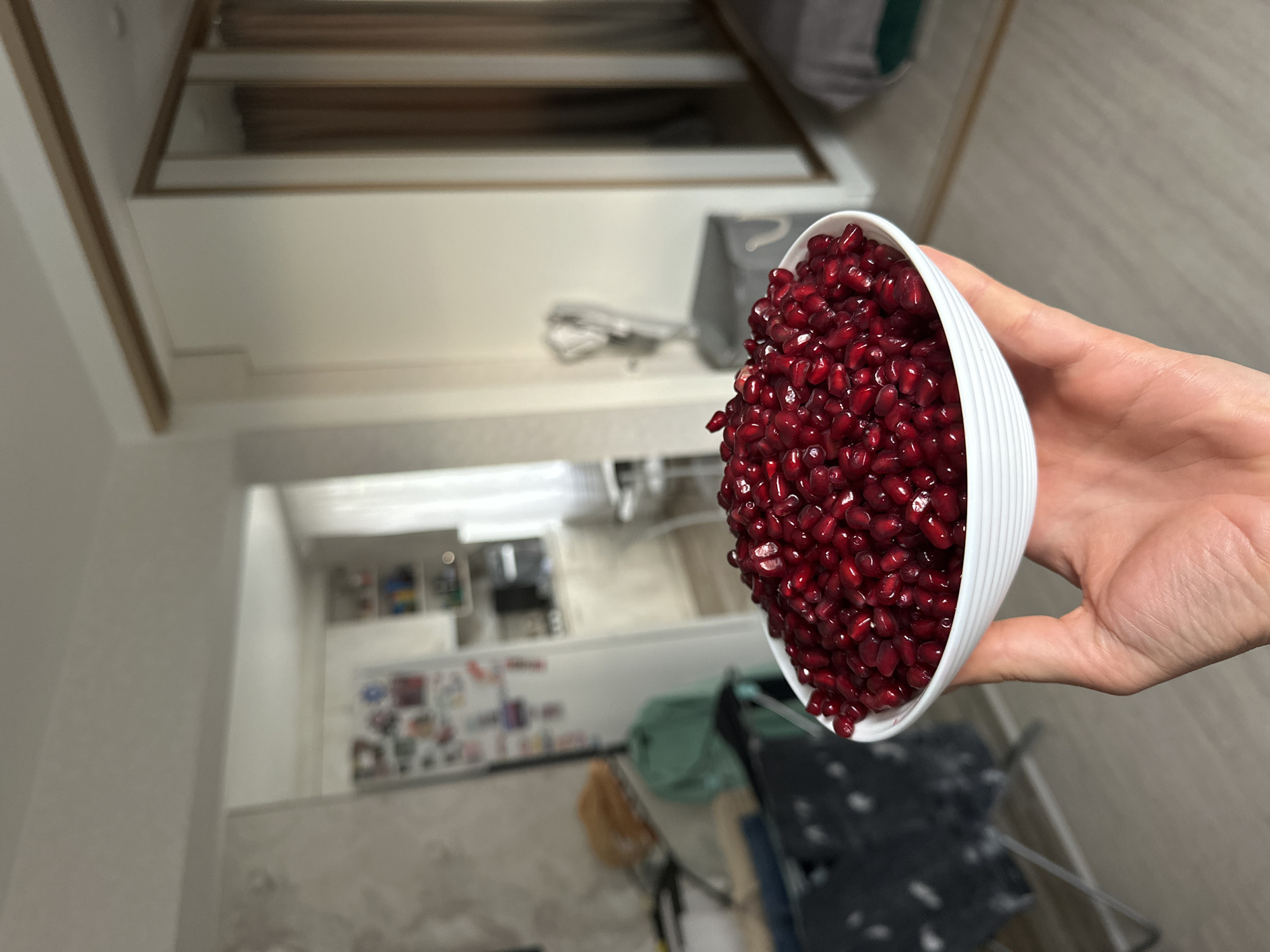 The image depicts a human hand holding a white, ribbed bowl overflowing with dark red pomegranate arils. The hand has a light skin tone and is unadorned. The scene is an interior residential space, specifically an apartment or house located in Sochi, Russia.
In the mid-ground to the left, a dark-colored folding clothes rack is partially visible, upon which a green fabric item hangs. Beyond the rack, an open archway leads into a kitchen area. A white refrigerator covered with numerous magnets is prominent on the left side of the kitchen. Above the refrigerator, white wall-mounted cabinets are visible, and a window with a light-colored curtain is present at the far end of the kitchen.
In the mid-ground to the right, a light-colored wall extends towards an open doorway. Through this doorway, another room is partially visible. This room features a large, reflective surface or mirror on the far right, reflecting a brown or tan curtain and a segment of a bed with a grey comforter and a teal-colored accent. Near the doorway on the right, a gray fabric hamper or storage bin is situated, and above it, a metallic object resembling a fan is present. The room is brightly and evenly lit by ambient light.
