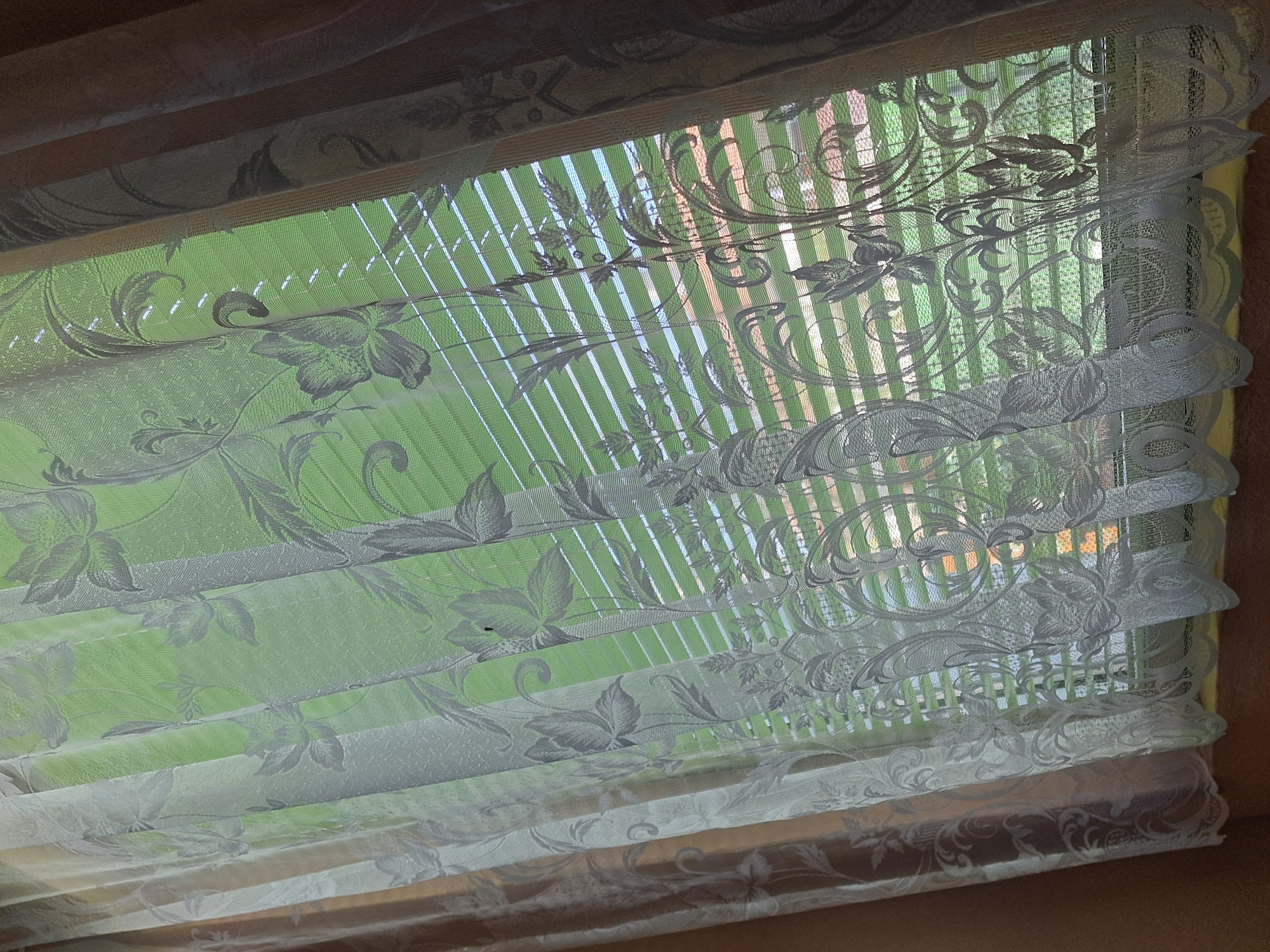 The image depicts a window covered with patterned white shades. The shades appear to be horizontally layered, with sections of sheer fabric alternating with opaque sections. Through the window, a green exterior is visible, likely foliage or grass. The location is unknown.