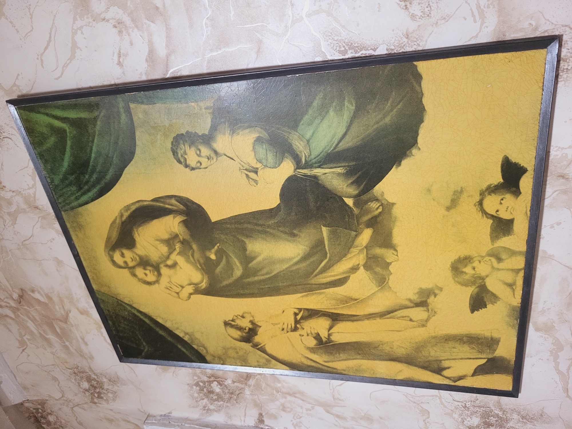 A framed, yellowed painting of a religious scene hangs on a wall. The painting features figures including a woman holding a child, another woman above them, and a man lying down. There are also cherubic figures. The location is Зипуново, Russia.