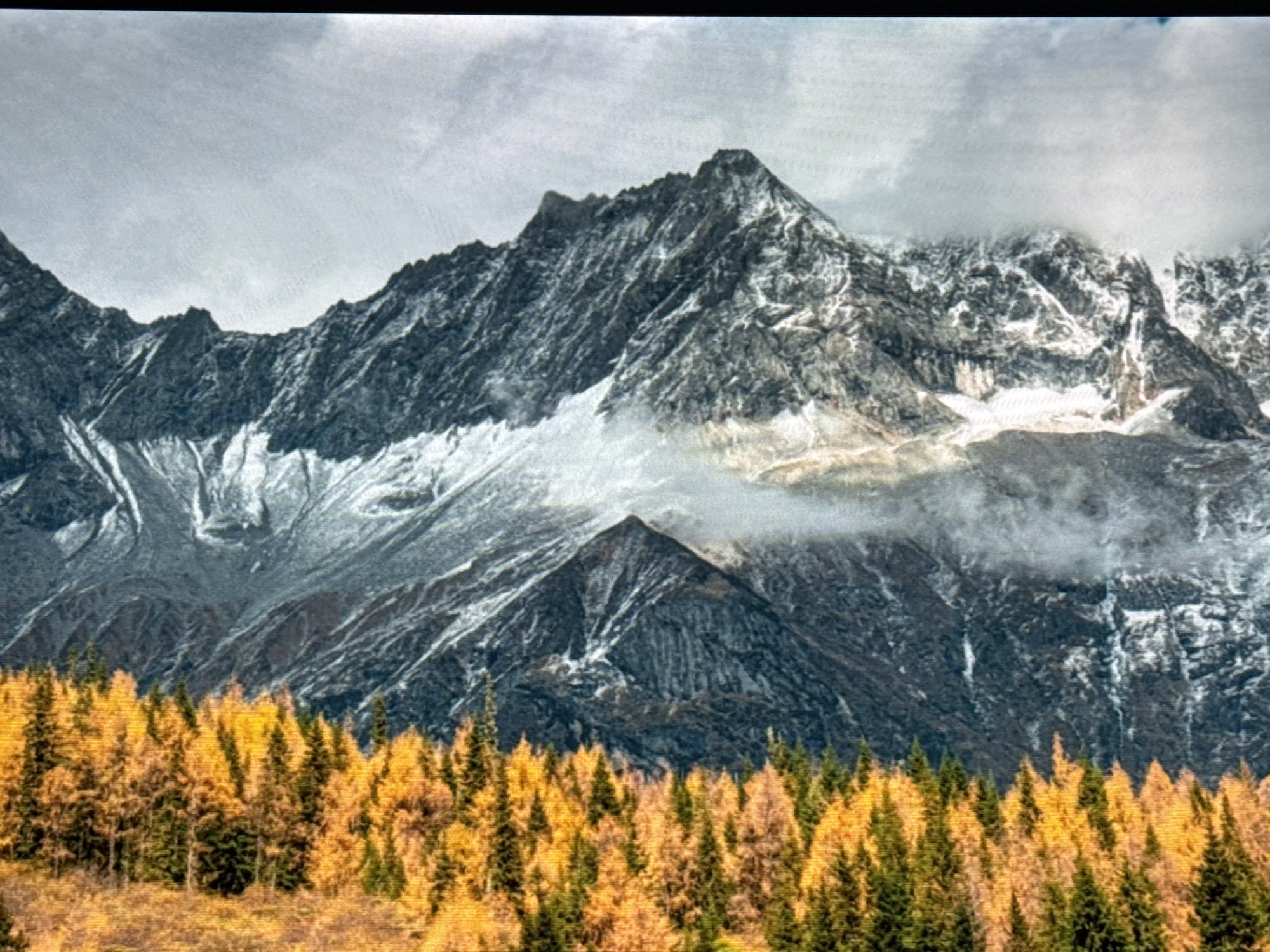 The image depicts a majestic mountain landscape in autumn. In the foreground, a dense forest of coniferous trees displays vibrant yellow and orange foliage, characteristic of the fall season. Behind the trees, the imposing, rocky mountains rise sharply, their peaks dusted with snow and partially obscured by soft, white clouds. The sky above is overcast with a mix of grey and white clouds, lending a dramatic and atmospheric quality to the scene. There are no people or animals visible in the image. The scene appears to be a natural, mountainous environment, likely in a remote location given the absence of any man-made structures or signs of civilization. The visual style suggests a photograph, possibly a landscape shot taken to capture the beauty of the autumnal mountains. The reference to Жәпек батыр ауылы, Kazakhstan, suggests a potential geographical location for this scene, though the image itself does not contain explicit markers to confirm this.