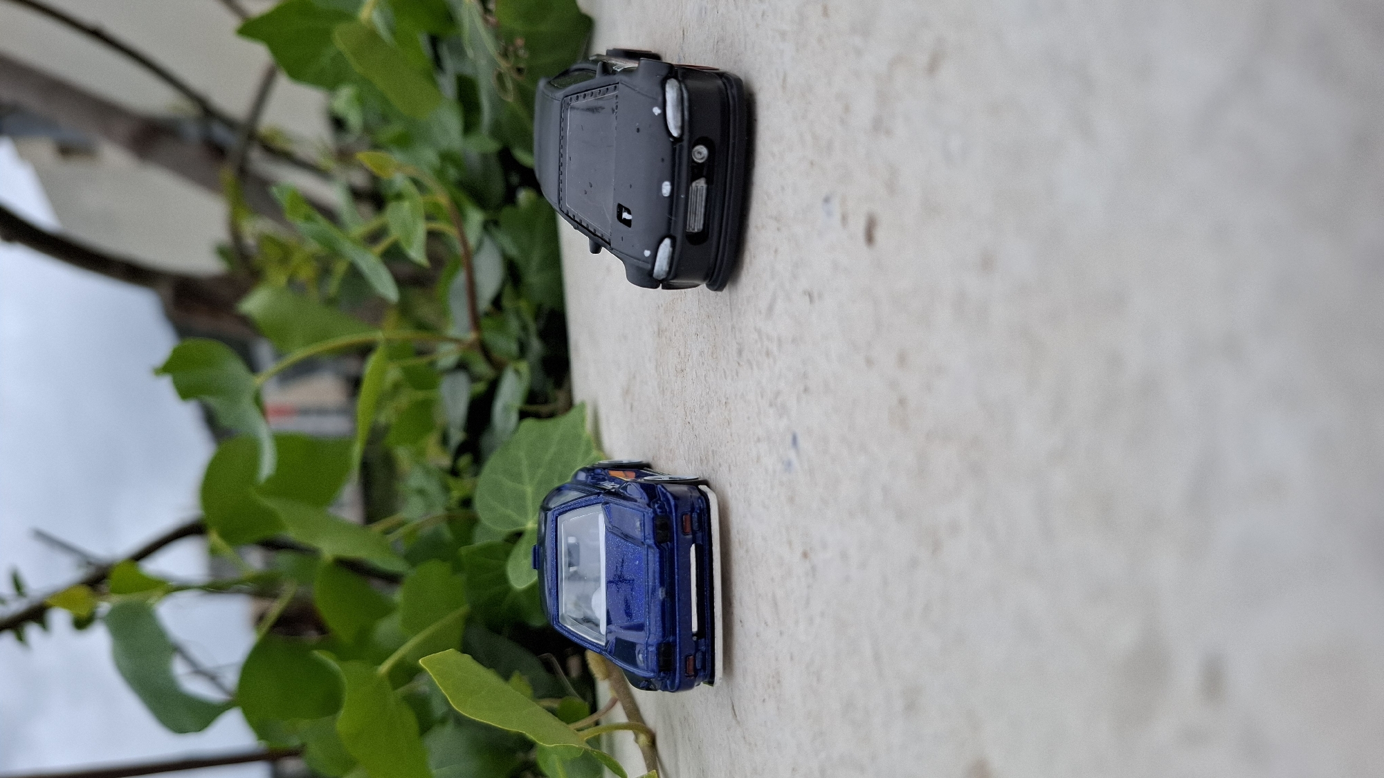 Two toy cars, one black and one blue, are positioned on a gray, textured surface, possibly concrete. The background features green leaves, and hints of a building in the distance suggest an urban setting. The cars are aligned vertically in the frame. The location is likely in Budva, Montenegro, although specific landmarks are not visible. There are no people present.