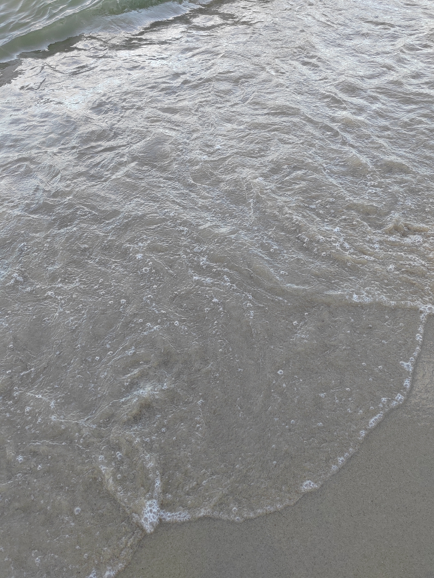 The image shows a close-up view of the ocean meeting the sandy shore at Nha Trang, Vietnam. The water is shallow, with small waves gently lapping onto the beach. The water is a muted gray-green color, and the surface is disturbed by ripples and small bubbles, indicating the movement of the waves. The sand is light brown and appears wet where the water has reached it. The lighting suggests it is daytime, with diffuse light reflecting off the water's surface. There are no people or distinct objects visible in the frame, focusing solely on the natural interaction between the water and the sand.