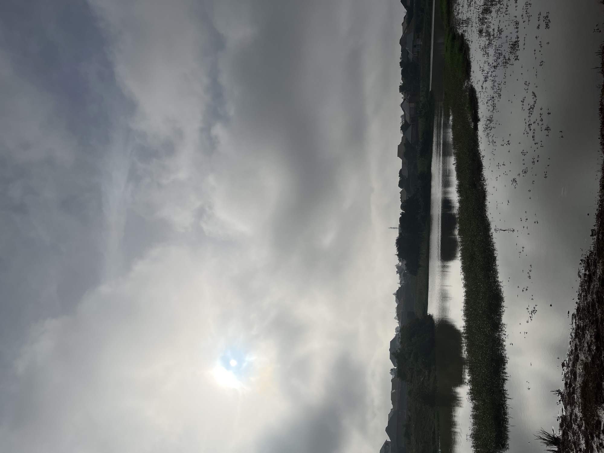 This image depicts a cloudy sky with a partially visible sun, casting a diffused light over a serene landscape. In the foreground, a body of water, possibly a pond or marsh, is visible, with patches of aquatic plants and reeds. The water reflects the overcast sky and the silhouettes of distant structures. Beyond the water, a line of houses, characteristic of suburban development, stretches across the horizon, nestled amongst greenery. The architecture suggests a residential area within the city of Jos, Nigeria. The overall atmosphere is tranquil, with the cloudy weather creating a soft, diffused light that softens the landscape.