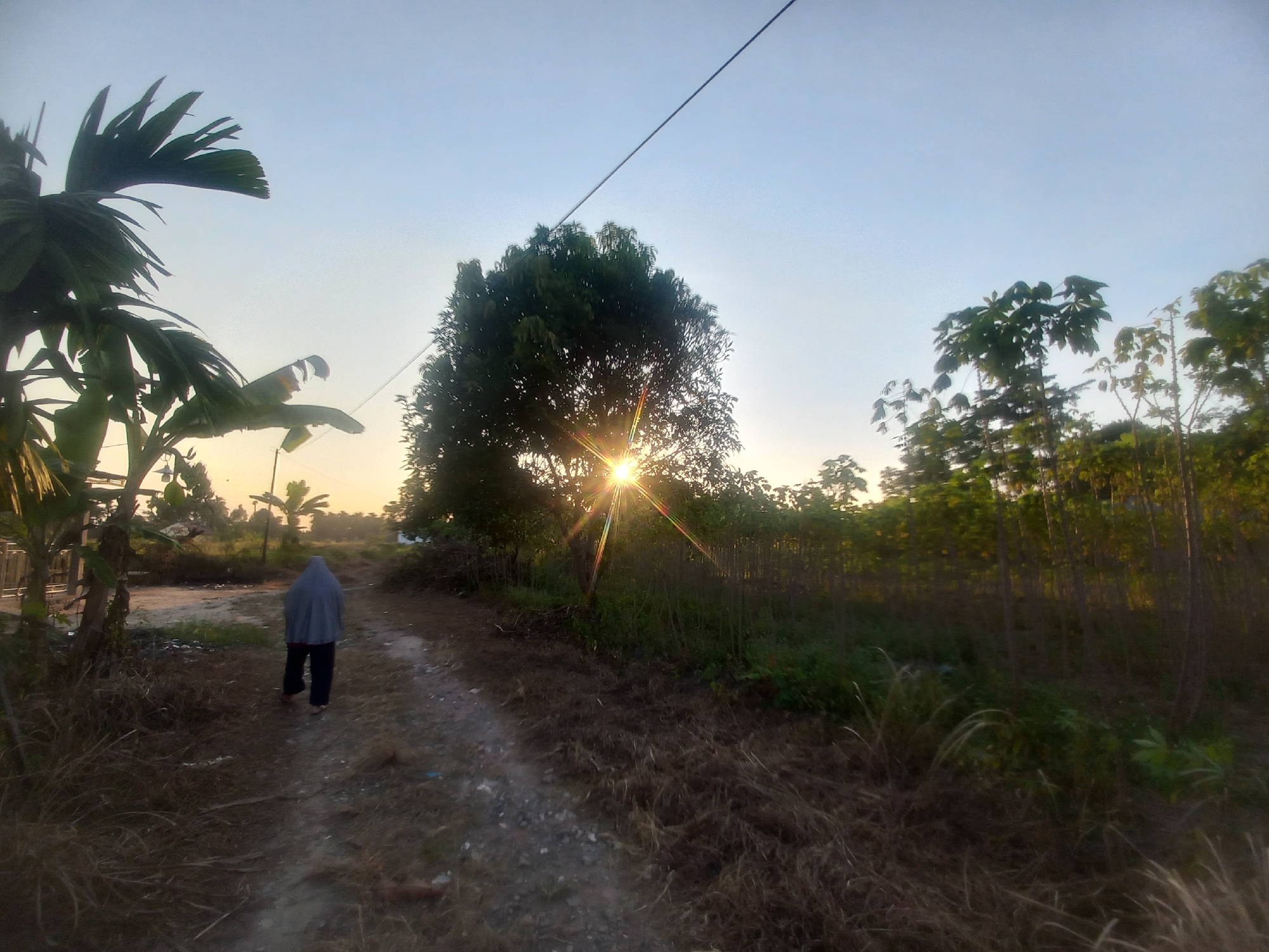 A person, facing away from the camera, walks down a dirt path in the city of Kasang Pudak, Indonesia. The individual is wearing a light blue hooded garment and dark pants. The path is lined with dry grass and vegetation. In the background, trees are visible, and the sun is setting behind a large tree, casting a lens flare. The sky is clear and light blue. A power line stretches across the upper part of the frame.