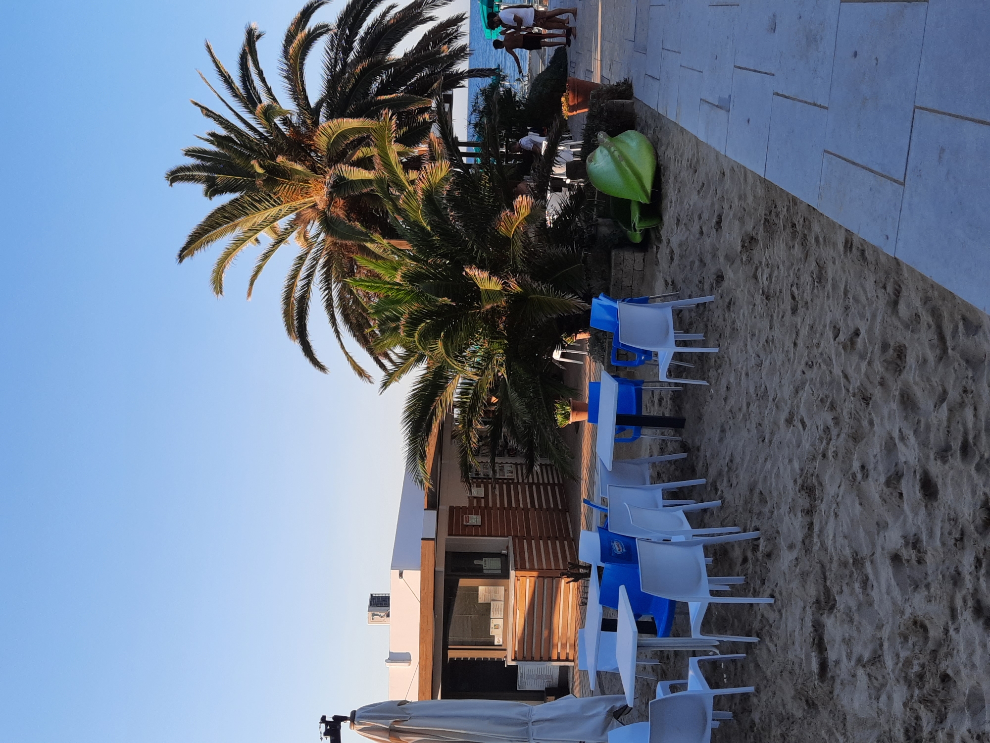 The image depicts a beach cafe in Pesaro, Italy, with tables and chairs set up on the sand. A small building with a wooden facade serves as the cafe's counter and possibly kitchen area. Several white and blue plastic chairs surround white square tables, some of which are partially covered by a large white umbrella.
Behind the seating area, lush palm trees provide shade. In the background, the Adriatic Sea is visible under a clear blue sky. Two men are standing near the water's edge on the right side of the frame, one wearing a white t-shirt and shorts, the other a dark t-shirt and shorts. A large, bright green, abstract sculpture rests on the sand near the palm trees. The ground is sandy with a paved walkway running along the right edge of the image. The scene appears to be set in the late afternoon or early evening, with the sunlight casting long shadows.