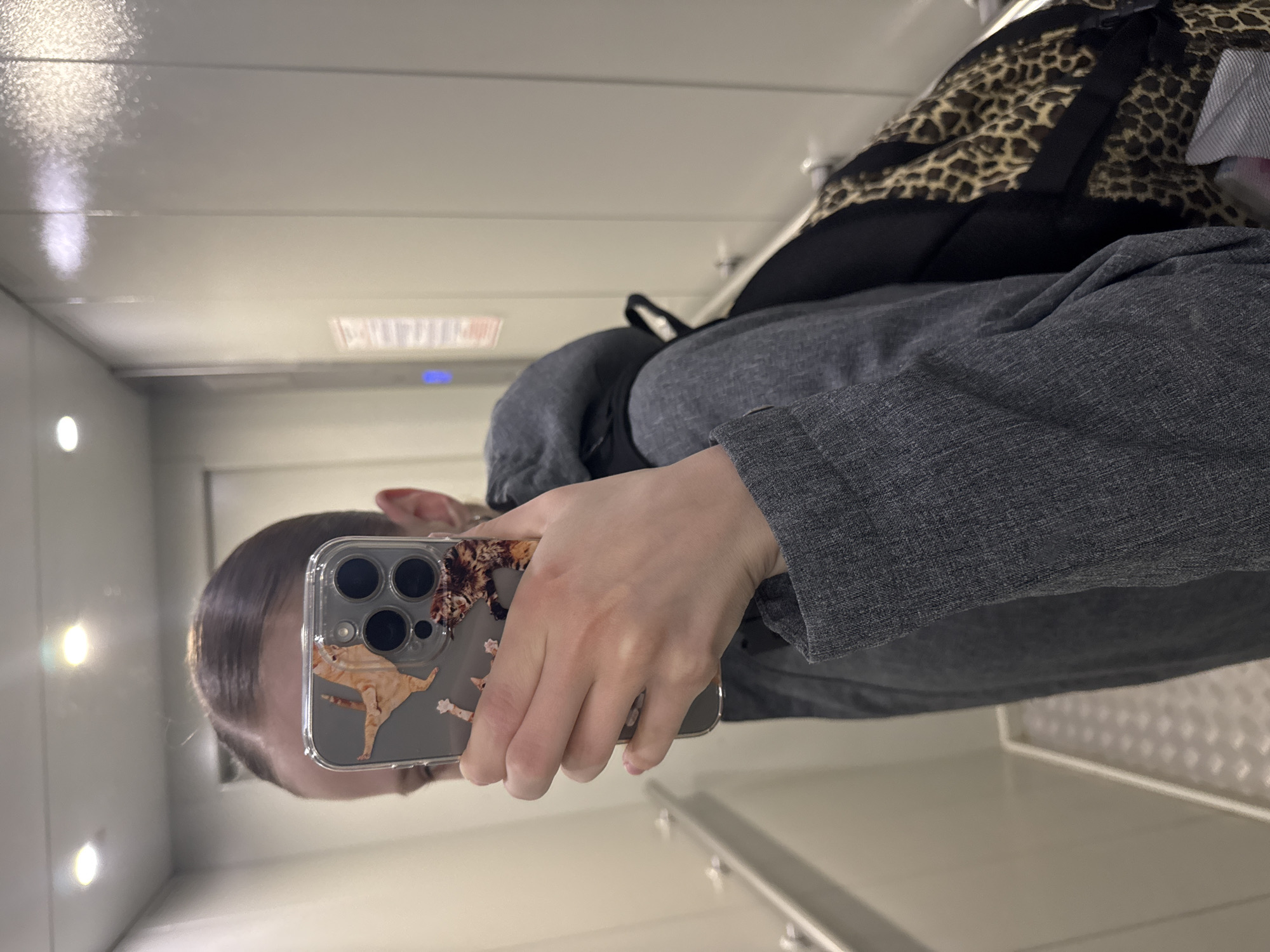 A person is taking a mirror selfie in what appears to be an elevator, or a small enclosed space. The person is holding a phone with a cat-themed case in their right hand. The person is wearing a gray jacket. There's a backpack, seemingly leopard print, on their back. The location in the city of Chaikovsky, Russia, is unknown. The environment is a small, enclosed space with white walls and lighting fixtures.