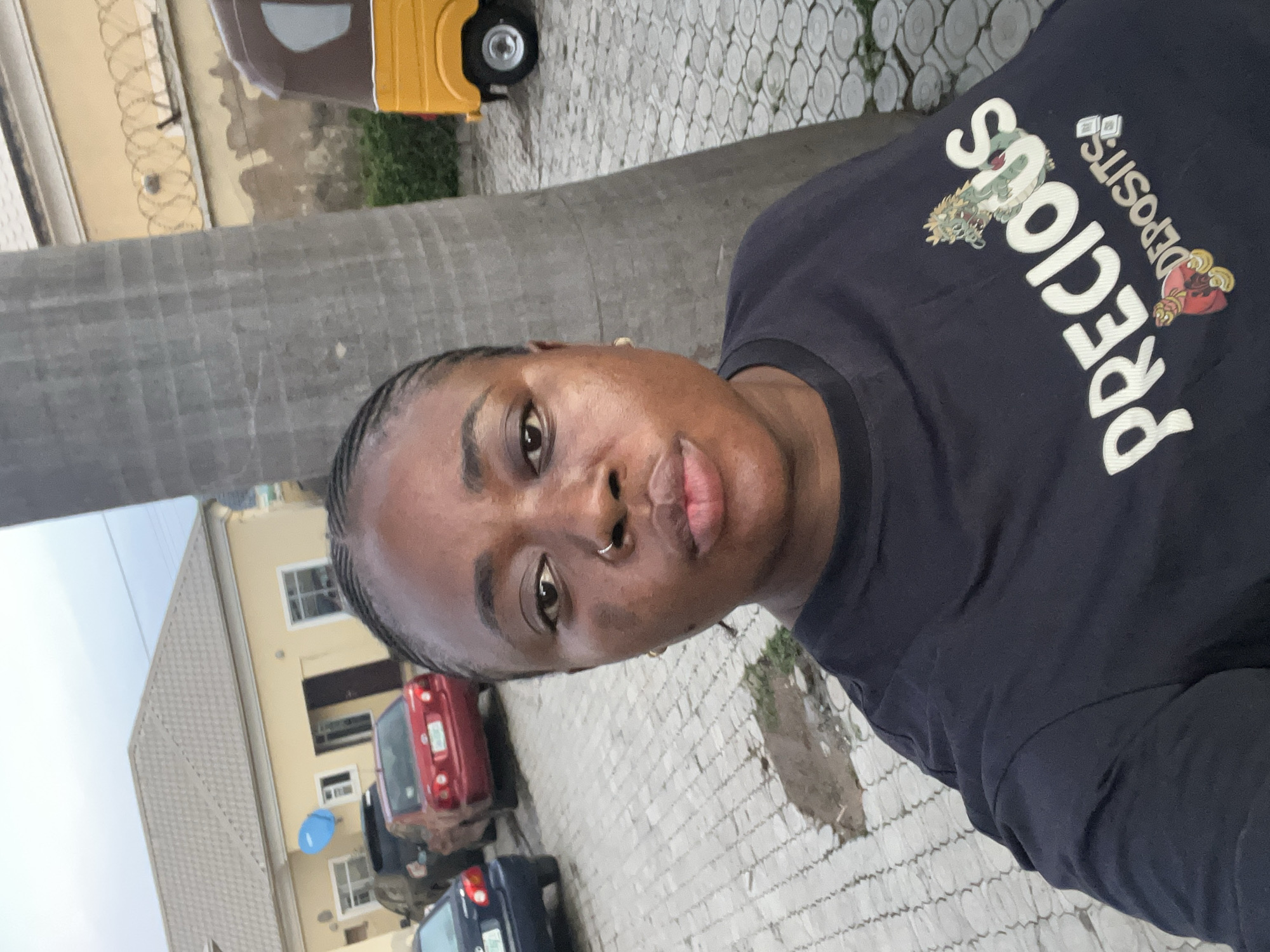 A woman stands in front of a palm tree, taking a selfie outdoors. She has dark skin, braided hair, and is wearing a dark t-shirt with a graphic that says "PRECIOUS DEPOSITS" and features a dragon and a money bag. In the background, there is a light yellow house with a tiled roof, a blue satellite dish, and several parked cars. To the right, a yellow and brown auto-rickshaw is visible. The ground is paved with interlocking stones. The overall scene suggests an urban or suburban environment in Abuja, Nigeria, possibly in the late afternoon or early evening due to the lighting.