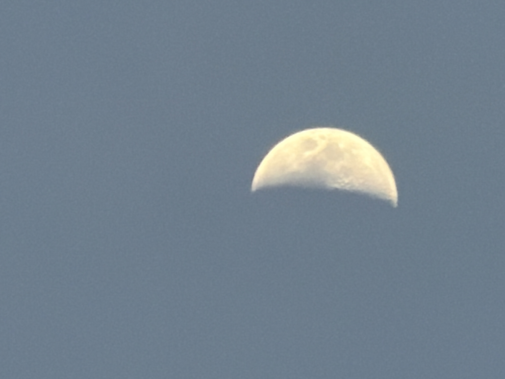 A half moon is visible in a light blue sky. The image was taken outdoors, likely at night or in the early morning. There are no other discernible objects or people in the image. The location is specified as Кадряково, Russia, although there is no information in the image to confirm this.