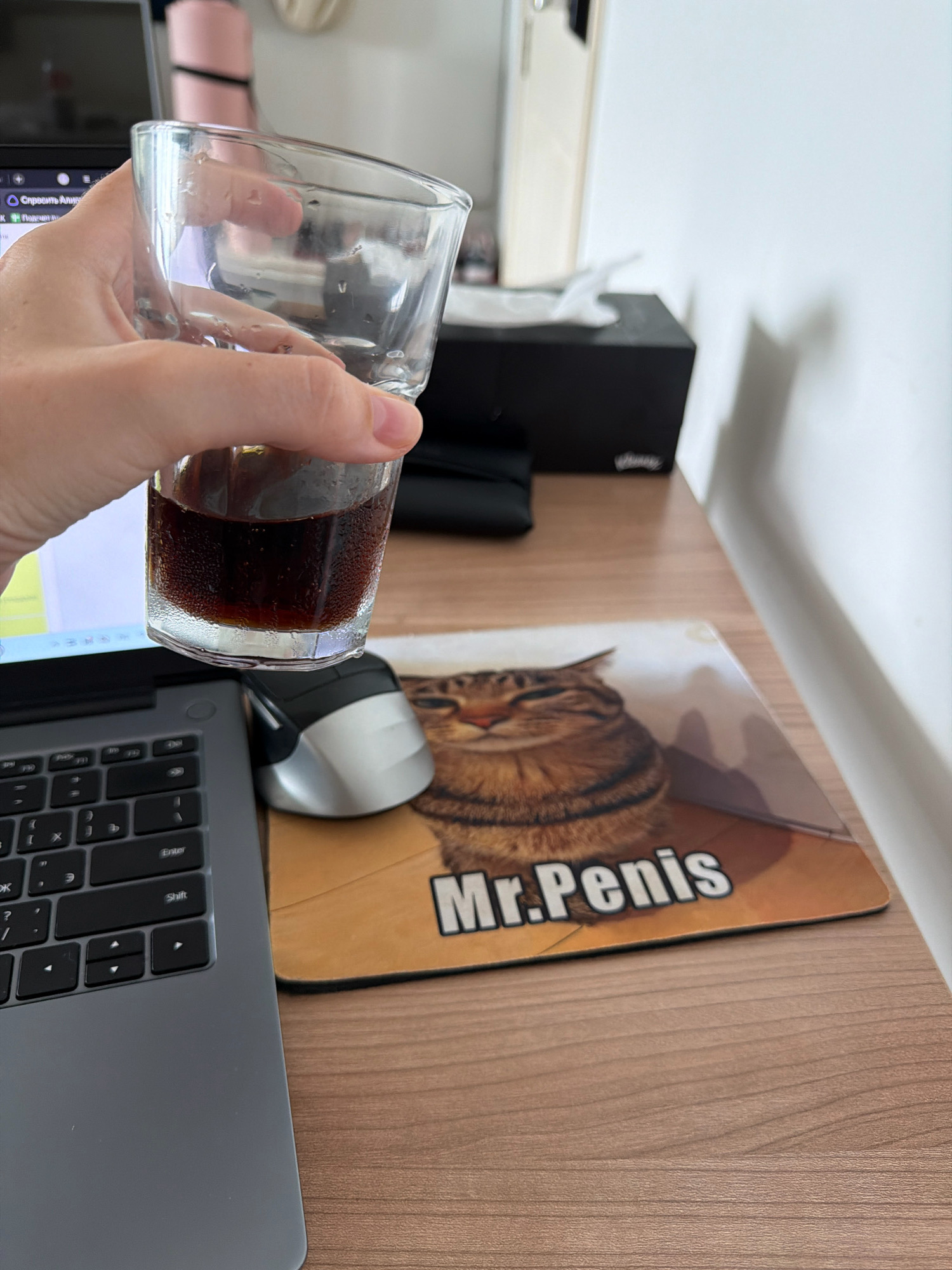 A hand holds a clear glass of a dark beverage. The glass is partially filled, with condensation on the exterior. The hand is positioned over a portion of a laptop keyboard. To the right of the laptop, a silver and black computer mouse rests on a wooden desk. Further to the right, a mousepad features a humorous image of a tabby cat with the text "Mr. Penis" below it. In the background, a black tissue box is visible. The overall scene suggests a home office or workspace. The image was taken in Hua Hin City Municipality, Thailand.
