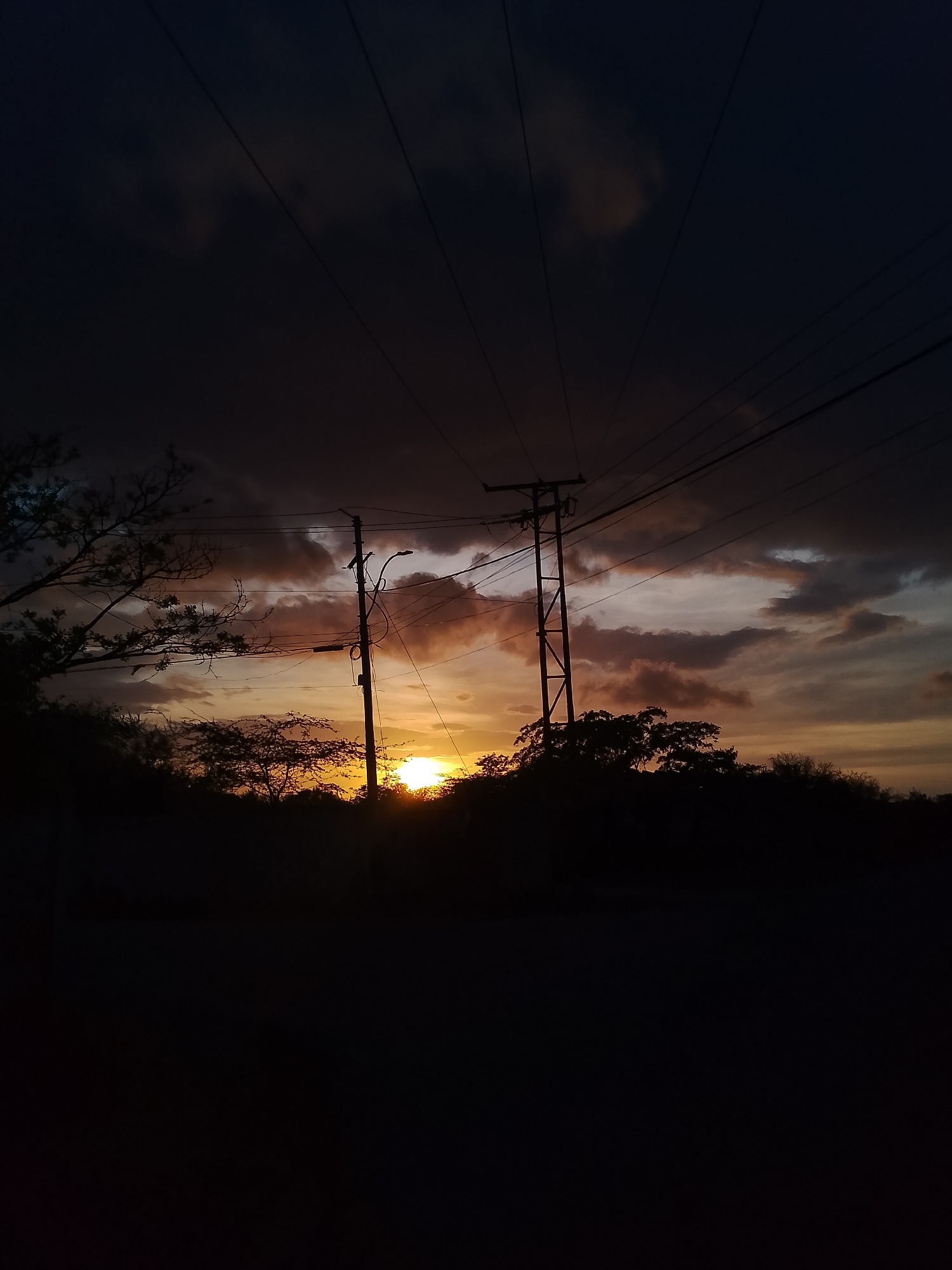 The image depicts a sunset scene in Santa Ana, Venezuela. The sky is filled with dark, dramatic clouds tinged with orange and yellow hues from the setting sun, which is partially obscured by trees and power lines in the foreground. Two tall, dark silhouettes of utility poles with numerous power lines stretch across the upper portion of the frame, creating a stark contrast against the colorful sky. The lower part of the image is dominated by the dark silhouettes of trees and foliage, creating a silhouette effect against the brighter sky. There are no visible people or animals in the image. The overall impression is one of a moody and atmospheric twilight.