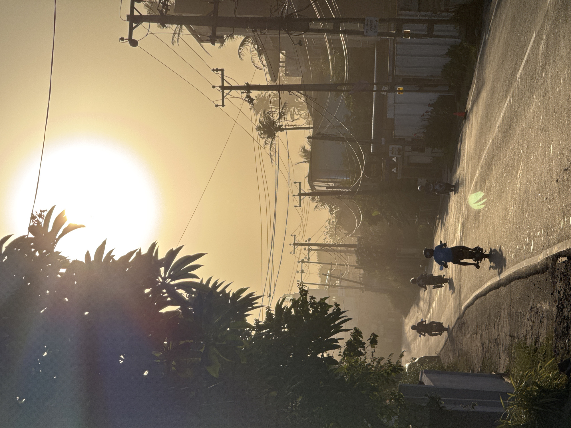 In Goviyapana, Sri Lanka, a road stretches into the distance under a bright, hazy sun. Silhouettes of five individuals on motorcycles ride along the asphalt, their forms softened by the atmospheric glow. Dense foliage encroaches on the left side of the frame, casting shadows and obscuring parts of the scene, while utility poles and power lines crisscross the sky, evidence of human infrastructure amidst the natural setting. Buildings, some with balconies, line the right side of the road, appearing faded and distant due to the haze. The overall impression is a sun-drenched, somewhat diffused view of a daily commute in a tropical locale.