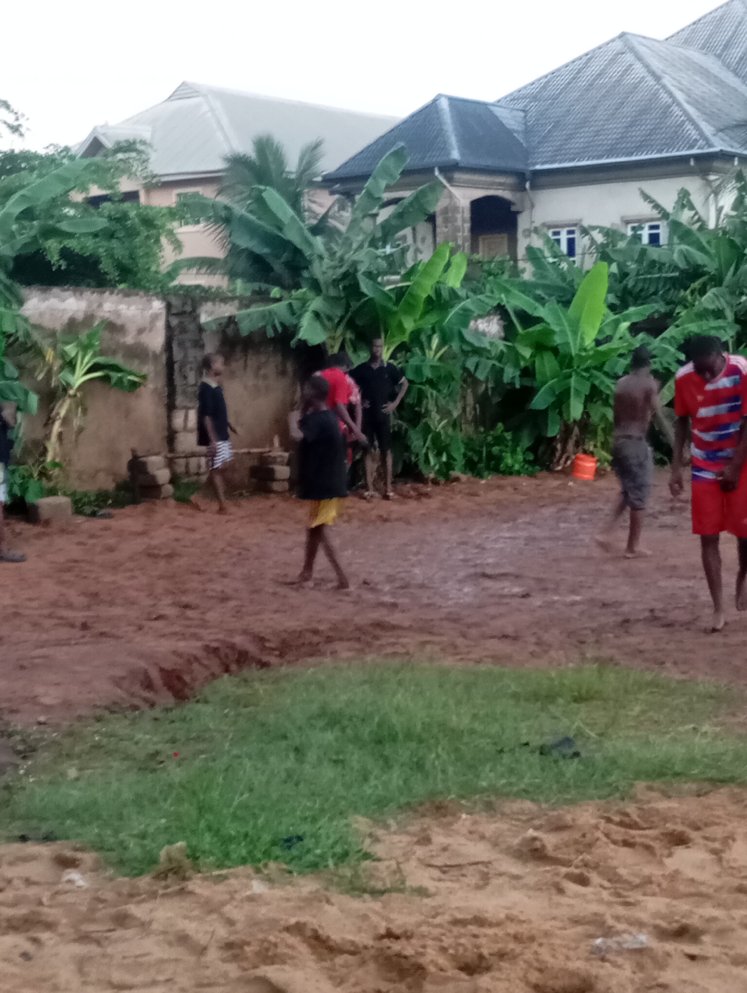A group of young people is gathered on a muddy patch of land in what appears to be a residential area. Buildings, including multi-story structures, are visible in the background behind lush banana trees and other vegetation. One boy is shirtless, wearing dark shorts, while another wears a red and white striped shirt and red shorts. Others are dressed in various casual attire. The ground is wet and muddy, suggesting recent rain. The location is in the city of Akpaka Forest Reser, Nigeria. The overall atmosphere is informal and relaxed.
