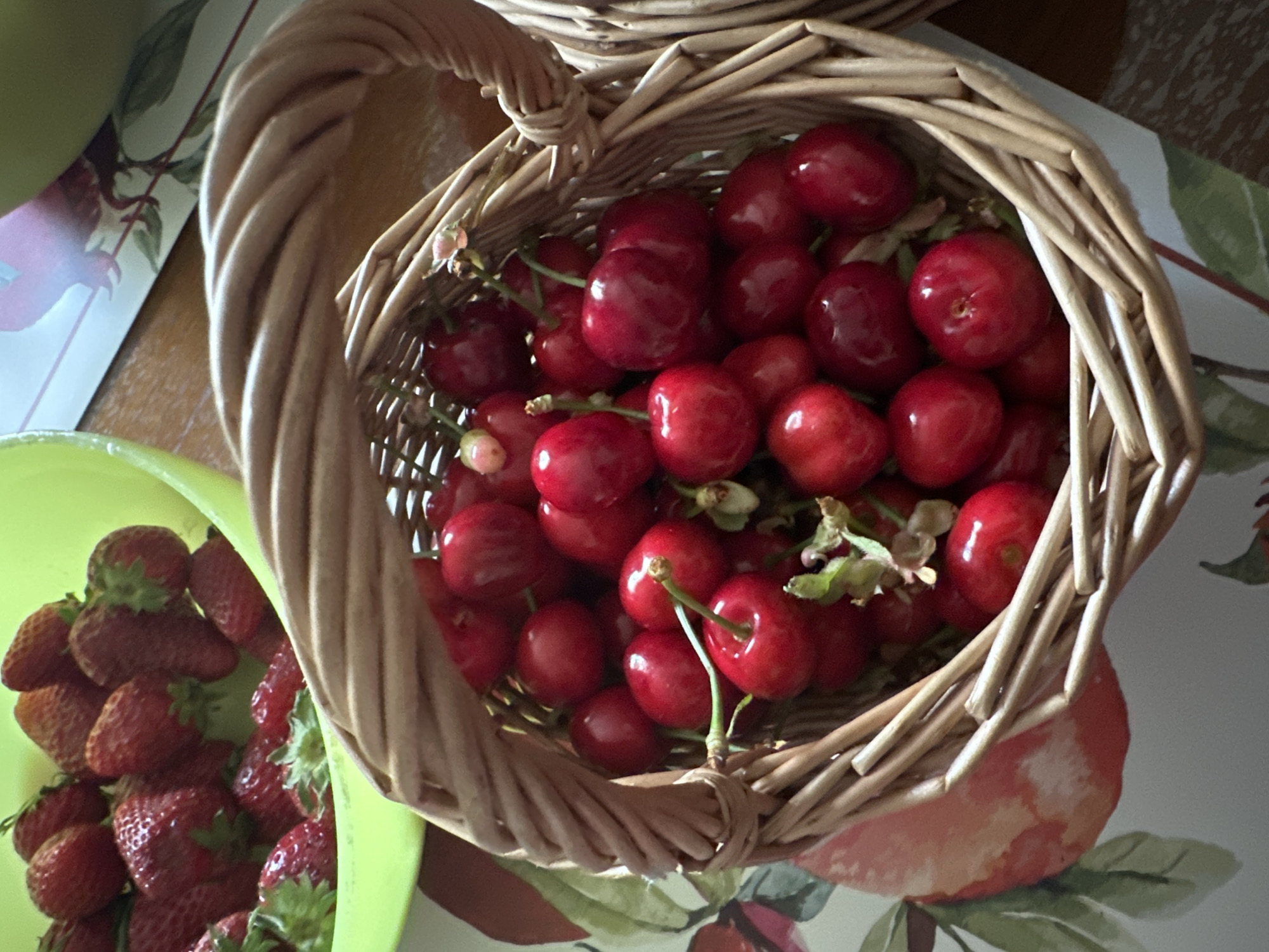 A high-angle shot depicts a wicker basket overflowing with red cherries. Beside it, a lime-green bowl contains a pile of red strawberries. Both are set upon a surface with a floral design. The scene appears to be indoors, possibly in a kitchen or dining area. The location is Sesto Campano, Italy.