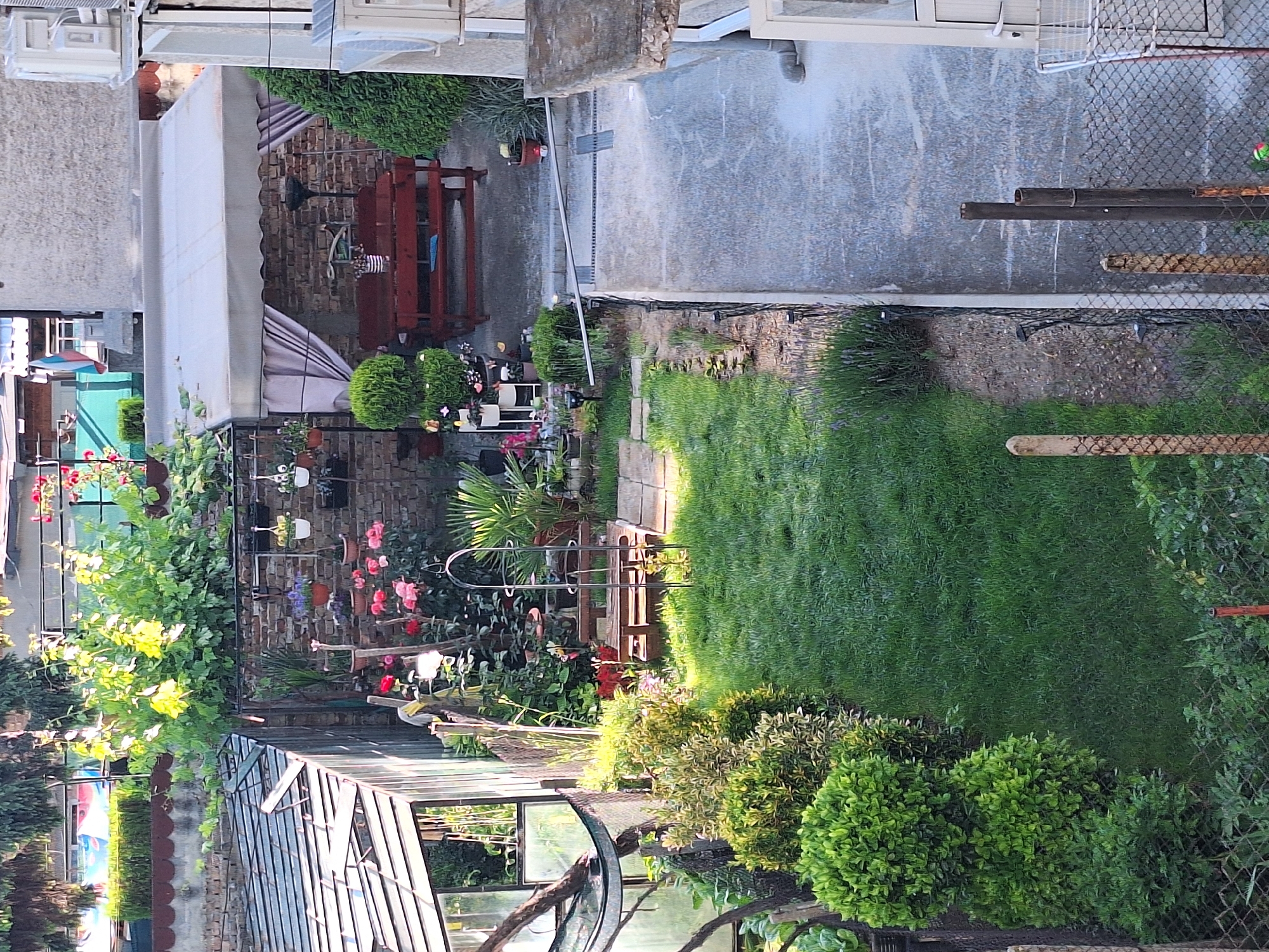 The image shows a backyard in the city of Varna, Bulgaria. The backyard is filled with lush greenery, including several trees, bushes, and a well-manicured lawn. A greenhouse is visible on the left side of the image, with its door ajar. In the center of the yard, there is a red wooden picnic table with benches, covered by a white awning. The area around the picnic table is paved with concrete, and a brick wall forms the background. Several potted plants and flowers are scattered throughout the yard, adding pops of color to the scene. A chain-link fence surrounds parts of the property, and various garden tools and decorations are visible. The overall impression is that of a well-tended and inviting outdoor space.