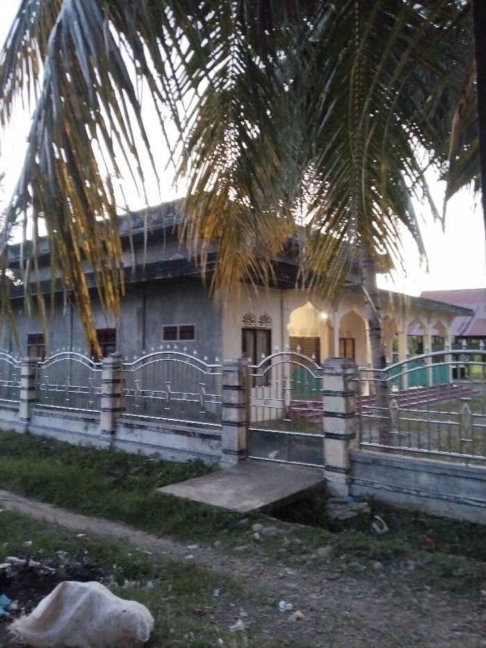 An exterior image captured in Jambo Dalam, Indonesia, depicts a single-story building, likely a residence or community center, viewed from an unpaved road. The building's facade is bifurcated: the left portion is unfinished concrete or stucco with two dark, rectangular windows, while the right portion is a light cream color featuring an arched entrance with decorative elements, indicative of Islamic architectural influence. This lighter section extends into a veranda area with columns, beyond which a red-roofed structure is partially visible.
A prominent fence, constructed of ornate, polished metal sections and striped concrete pillars, separates the property from the roadside. A small concrete slab bridge spans a drainage ditch, providing access through a gate in the fence. The immediate foreground shows an unpaved dirt path with sparse grass and scattered litter, including a large, light-colored object covered by a white sheet in the lower-left corner. Overhanging palm fronds occupy the upper frame, partially obscuring the building and the bright sky. No individuals are present in the frame. Natural lighting suggests either dawn or dusk.