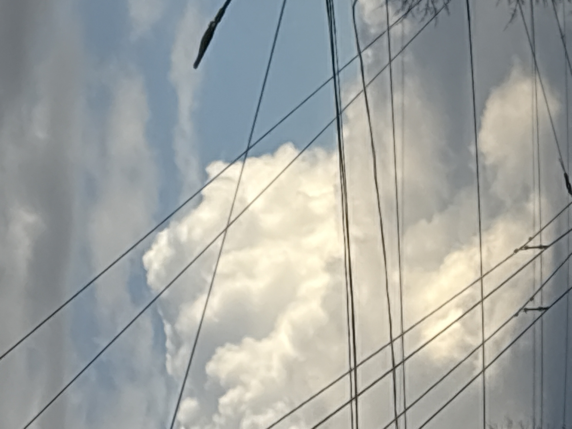 The image captures a dense network of overhead utility wires against a partially cloudy sky, seen from an upward perspective in Izhevsk, Russia. Numerous dark, thin wires crisscross the frame, running both vertically and diagonally, creating an intricate geometric pattern. Some wires appear to be single strands, while others are grouped. Small dark connectors or insulators are visible at various points where wires meet or are supported, particularly on the right side of the frame.
The sky behind the wires displays a mix of bright blue patches and prominent, fluffy white cumulus clouds. The clouds are well-lit, suggesting daytime, likely mid-day, with sunlight illuminating their forms and creating soft shadows. This indicates fair weather conditions. Thin, dark, bare tree branches are subtly visible in the upper right quadrant of the image, intertwining with the wires and clouds.
The scene focuses on the interplay between urban infrastructure and natural elements. No people or specific activities are depicted. No text is visible in the image.