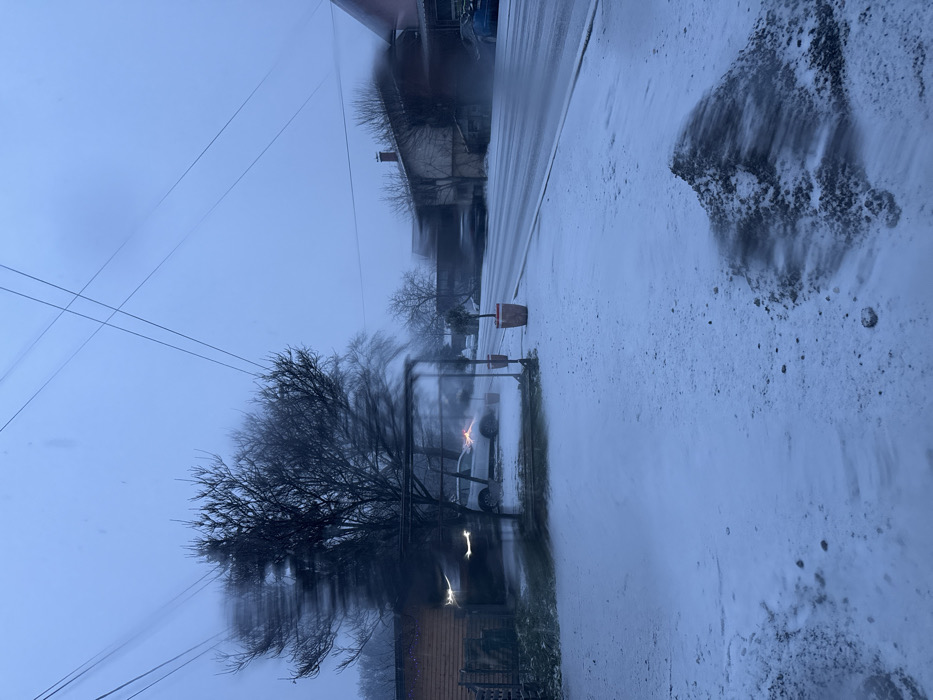 The image depicts a snow-covered street scene in Cibukovac, Serbia, during daylight under an overcast sky. The ground in the foreground is covered in a thin layer of fresh snow, interspersed with patches of exposed dark earth and gravel. A distinct pile of dark granular material, consistent with gravel or dirt, is located on the right side of the foreground.
In the midground, a two-lane asphalt road, partially covered in snow and appearing wet, extends from left to right. Along the left side of the road, a bare deciduous tree exhibits significant motion blur, suggesting movement from wind or a longer exposure. Beneath and behind the tree, a white SUV with illuminated headlights is partially visible, positioned behind a dark metal frame structure, possibly a swing set or gate. To the left of the SUV, a wooden structure adorned with small white decorative lights is visible. Two reddish-brown planters are situated near the road's edge on the left.
Across the road, a row of residential buildings with visible rooftops and chimneys are partially obscured by the weather conditions and bare trees. Multiple vehicles, mostly blurred, are present on the road, indicating movement or parked cars. The background consists of additional trees and structures under a light blue-grey, overcast sky. Overhead, multiple utility lines traverse the frame diagonally. No individuals are visible in the scene. The overall environment suggests cold, wintry conditions with recent or ongoing light snowfall.