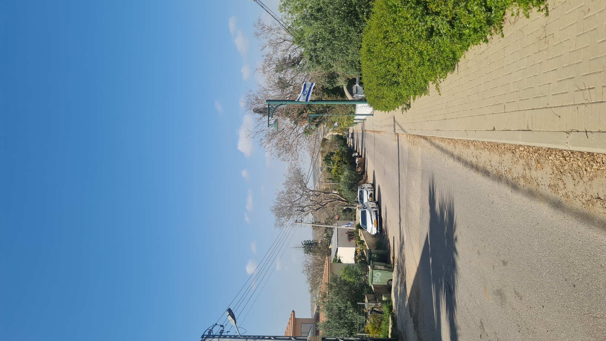 The image displays an outdoor residential street scene in the Lachish Regional Council, Israel, under a clear, bright blue sky with a few wispy clouds. An asphalt road curves through the center, bordered on the right by a light-colored paved sidewalk made of rectangular pavers.
The street is lined with a mix of lush green bushes and trees, some of which are bare, suggesting late winter or early spring. Several cars are parked along the right side of the road, including two white vehicles prominently visible in the mid-ground. Utility poles with multiple wires crisscross the left side of the scene. One of these poles, which also appears to be a streetlight, proudly displays an Israeli flag, featuring a blue Star of David, serving as a strong location cue. Further down the street and amidst the greenery, parts of houses with reddish-brown tiled roofs can be seen. Green municipal trash bins are also visible near some properties.
Long, distinct shadows from trees and utility poles are cast across the road and sidewalk, indicating either the morning or late afternoon sun. The weather is clear and sunny. No people or specific activities are depicted, contributing to a serene and quiet atmosphere.