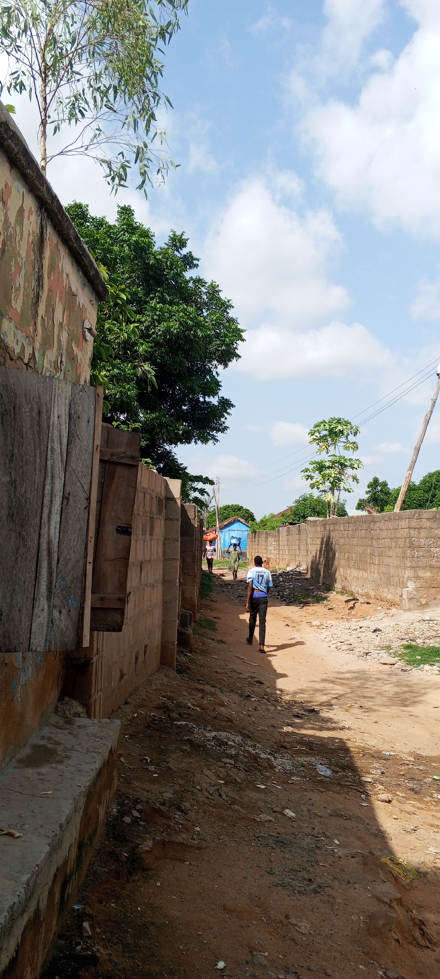 The image depicts a dusty, unpaved street in Jalingo, Nigeria, flanked by concrete block walls. On the left, a rough, weathered wall with peeling paint and a wooden plank structure is prominent. A young man in a blue t-shirt with the number 17 is walking away from the camera down the street. Further down the street, two individuals are walking towards the camera; one carrying a large bundle on their head and the other a blue object. In the background, a small blue building is visible, surrounded by trees and vegetation. The sky is blue with scattered white clouds. The scene suggests a warm, daytime environment, typical of a residential or transitional area within the city.