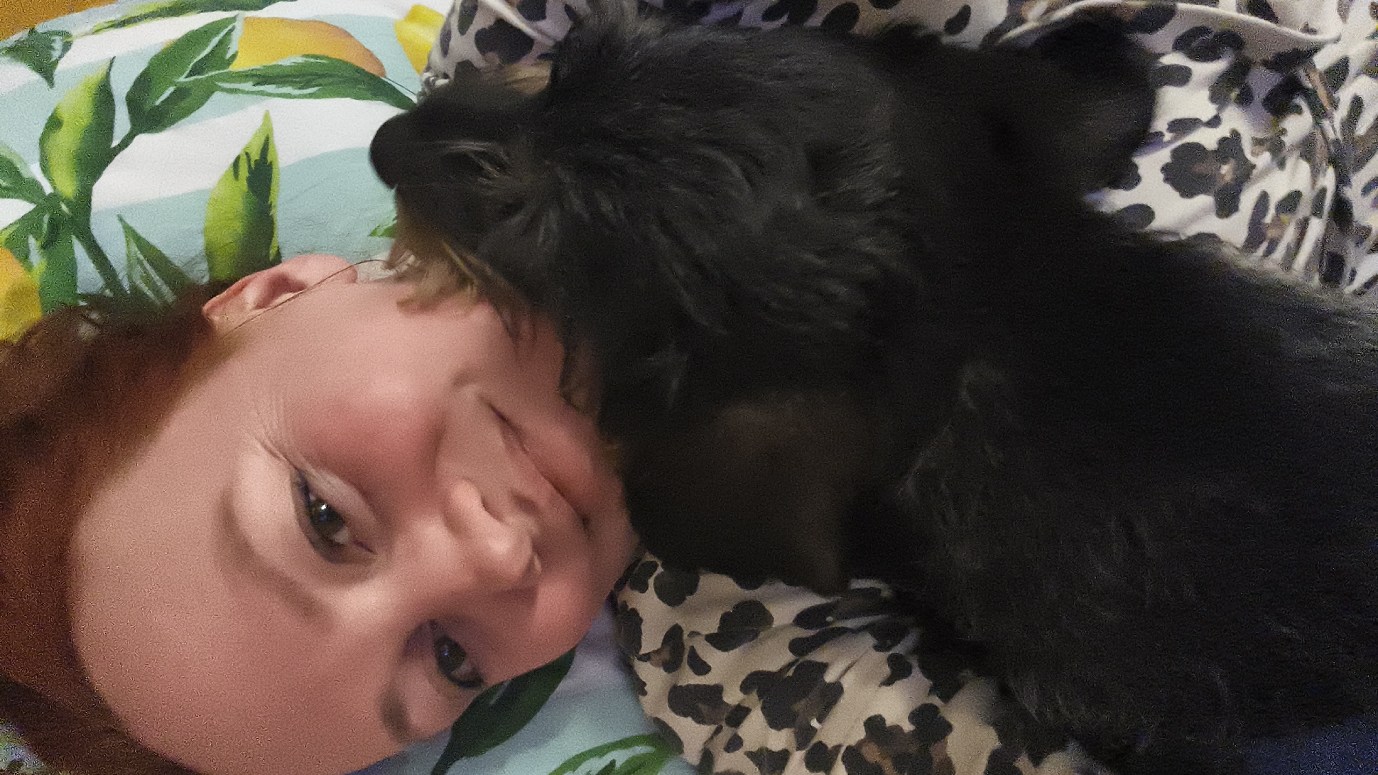 The image depicts a close-up scene indoors, presumably in Chaikovsky, Russia, featuring a human and a domestic canine. A light-skinned individual with reddish-brown hair is positioned on their left side, facing the camera directly. Their eyes are open, and a slight smile is visible. This individual's head rests on a pillow characterized by a light blue background adorned with green leaf patterns and yellow citrus fruits. Adjacent to the human's right cheek and neck, a small, black-furred canine rests, appearing to be in a calm or sleeping state. The canine's body is partially obscured, but its fur appears dense. Beneath the canine and extending onto the human subject, a textile with a black, white, and tan leopard print pattern is visible.