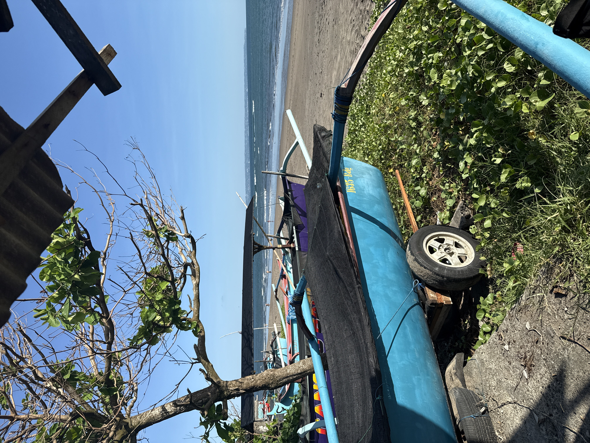 The image captures a blue outrigger boat, possibly a Jukung, resting on a trailer with a wheel near the coast in North Kuta, Indonesia. The beach, a dark sandy stretch meeting the ocean, is visible in the background. Vegetation thrives nearby, with greenery close to the boat and a tree with sparse foliage in the foreground. A section of what seems to be a wooden structure is visible above the tree branches. The sky is blue, indicating a clear day.