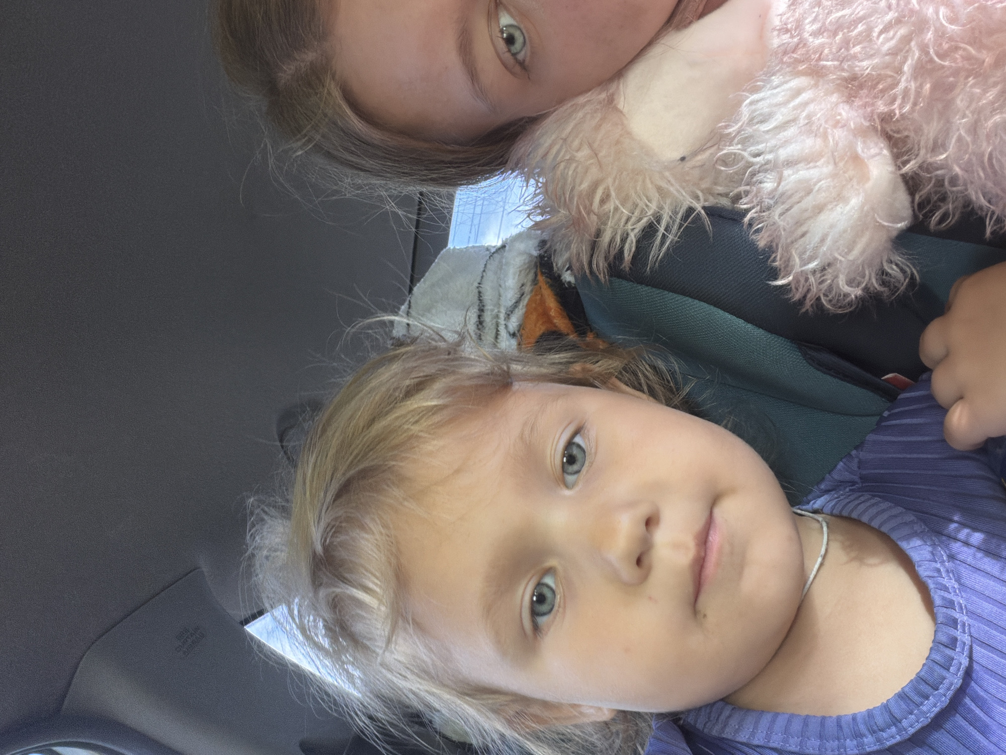 The image is a selfie taken inside a car. Two females are visible, one adult and one child. The child is in the foreground, facing the camera with a neutral expression. The adult is partially visible on the right side of the frame, leaning towards the child. A pink stuffed animal is held by the adult. The interior of the car is dark, with a portion of the headliner visible at the top of the image. The background shows some seating and possibly a window with a bright sky outside. The image does not provide enough information to determine a specific location within the city of Novoye Mavrino, Russia.