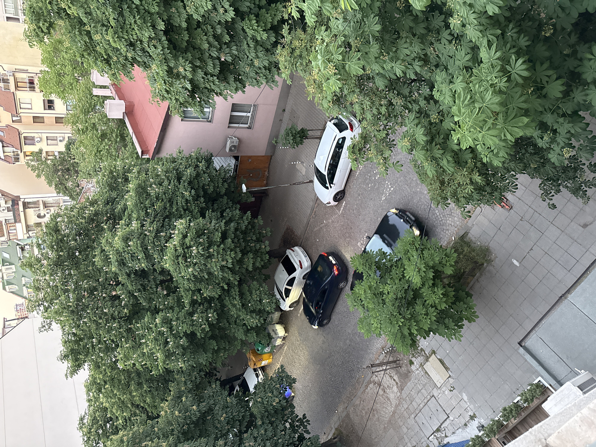 The image shows an aerial view of a residential area in Sofia, Bulgaria. The scene includes several cars parked along a cobblestone street lined with mature trees. Buildings with pink and red roofs are visible among the trees. The street surface changes to concrete paving stones on the right side of the frame. Recycling bins are near some of the parked cars. No people are visible in the image.