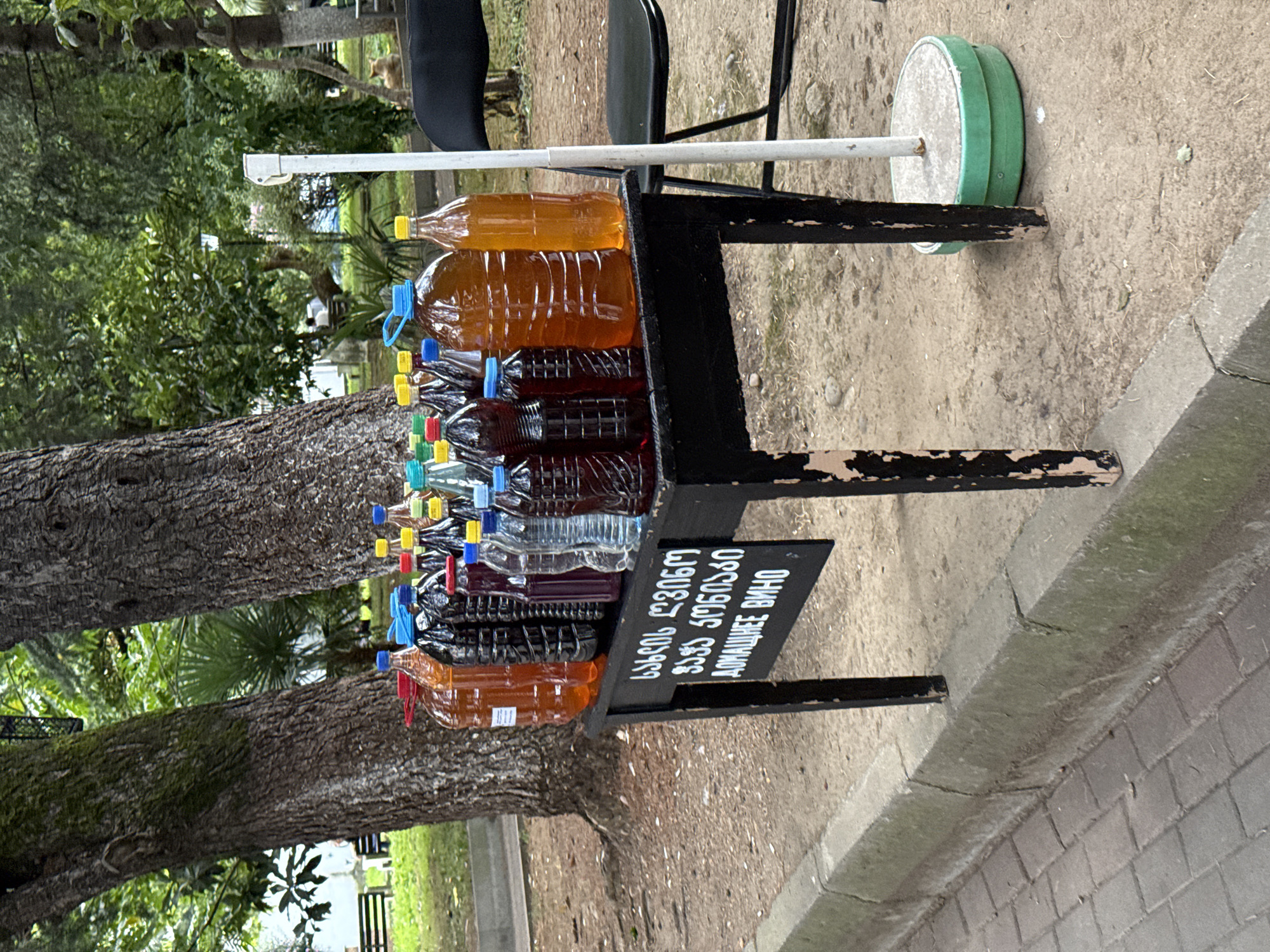 In an outdoor setting, a black, weathered table is laden with an assortment of plastic bottles filled with various colored liquids. These liquids range from a light amber to a deep red, suggesting beverages like wine or juice. The bottles have colored caps, predominantly blue, red, and yellow. A sign attached to the front of the table displays text in what appears to be Georgian script, with a portion also in Cyrillic. Behind the table, a dark chair is visible, and further back, trees with rough bark and lush green foliage create a natural backdrop. In the distance, park benches, a lamppost, and people are discernible, indicating a public park or recreational area. A light-colored pole with a green base stands to the right of the table. The ground is a mix of soil and paving stones, with a concrete curb running along the foreground.