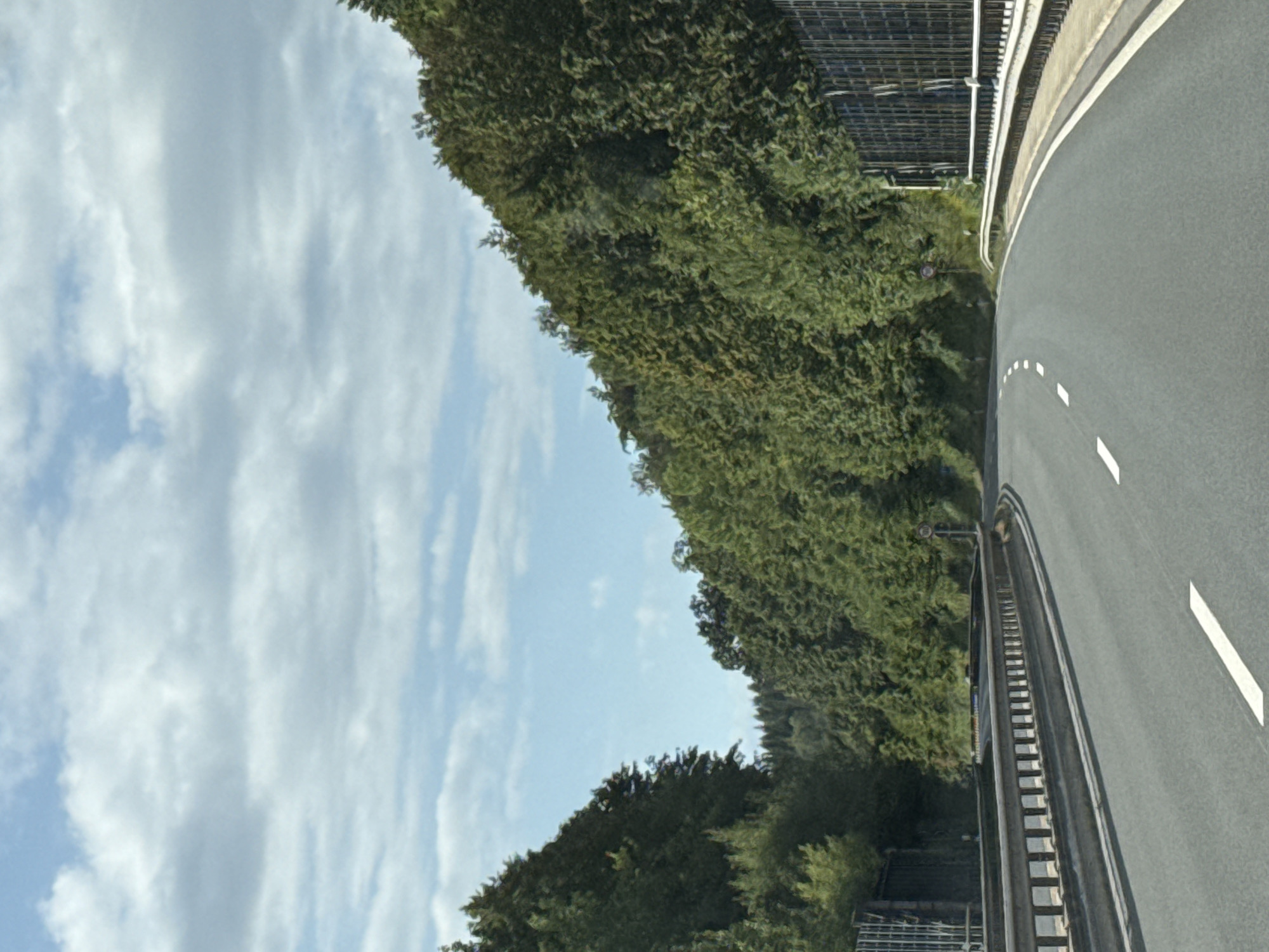 The image depicts a view from a vehicle driving on a highway through a wooded area, presumably in the Harz region of Lower Saxony, Germany, given the reference to Landkreis Göttingen. The highway curves to the right, with dense green trees lining both sides of the road. The trees are lush and appear to be deciduous, with a mix of lighter and darker green foliage. On the right side of the road, a tall, dark sound barrier is visible, constructed of vertical slats. On the left side, a metal guardrail with vertical supports separates the roadway from the embankment. The sky above is partly cloudy, with patches of blue sky visible between the white, fluffy clouds. The road surface is asphalt, with white lane markings indicating the direction of travel. There are no people or other vehicles clearly visible in the scene, suggesting a relatively isolated stretch of highway. The overall impression is one of a natural landscape integrated with modern infrastructure.