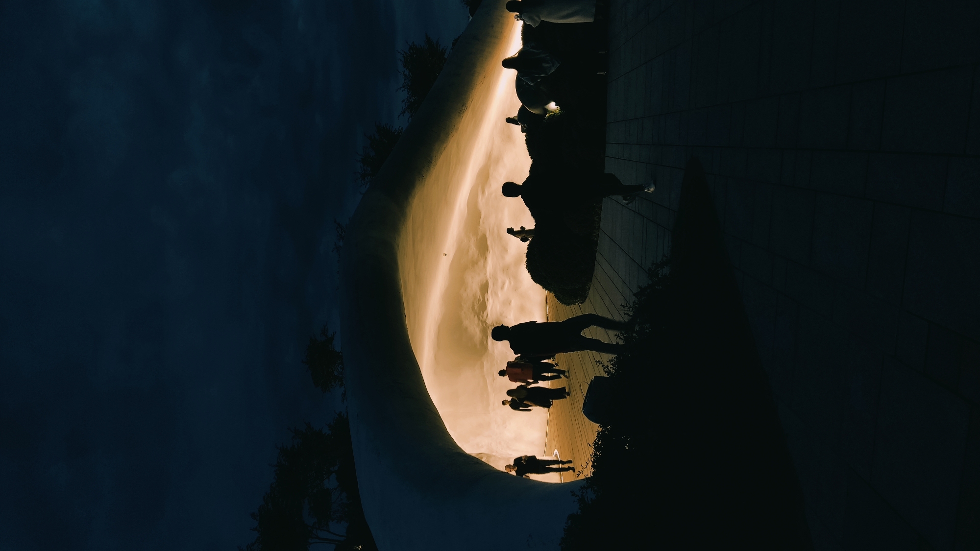 The image presents an evocative night scene within a modern architectural public space in Krasnodar, Russia. A large, smooth, light-colored curved structure dominates the composition, arching from the lower left towards the upper right. This architectural element, along with the adjacent ground, is bathed in a warm, glowing golden-orange light, creating a strong contrast with the dark, deep blue-black sky above.
Numerous people are visible across the lower and middle sections of the frame, rendered as striking dark silhouettes against the bright illumination. They appear to be walking, standing, and interacting on a paved surface next to the curved structure. Their individual features are indistinct due to the backlighting, but their human forms add a sense of scale and activity to the scene. Small, dark bushes or trees are scattered along the edges of the paved area, further defining the space.
The time of day is clearly night, characterized by the dark sky and the reliance on artificial lighting to highlight the structure and its surroundings. The primary activity is casual public gathering and movement within this distinctive setting. The interplay of strong light and deep shadow creates a dramatic and aesthetically pleasing atmosphere. There is no visible text in the image.