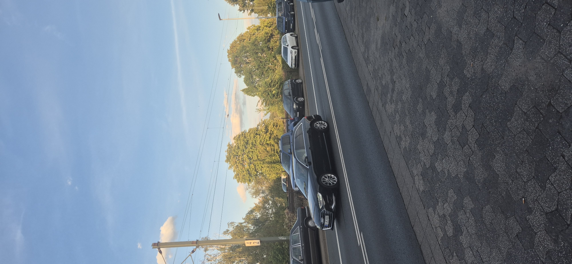 The image depicts a street scene in Mainz, Germany, likely during daylight hours given the clear blue sky with scattered clouds and the ambient lighting. The foreground shows a paved sidewalk with a dark, textured pattern. A road runs parallel to the sidewalk, with white lane markings visible. Several cars are present on the road, suggesting moderate traffic.
In the center of the image, a black Audi A4 Avant is driving on the road. To its left, another black car, possibly a sedan, is parked or moving slowly. Further down the road, there are other vehicles including a white hatchback, a dark blue SUV, and a dark blue van.
Behind the road, a line of trees with green foliage forms a natural backdrop. A railway track and overhead power lines are visible above the trees, indicating the presence of a railway line in the vicinity. A utility pole with a sign displaying "42" is also visible on the left side of the image.
The overall impression is that of an urban or suburban environment with transportation infrastructure and residential or commercial areas nearby. The lighting and cloud formations suggest it could be late afternoon or early evening.