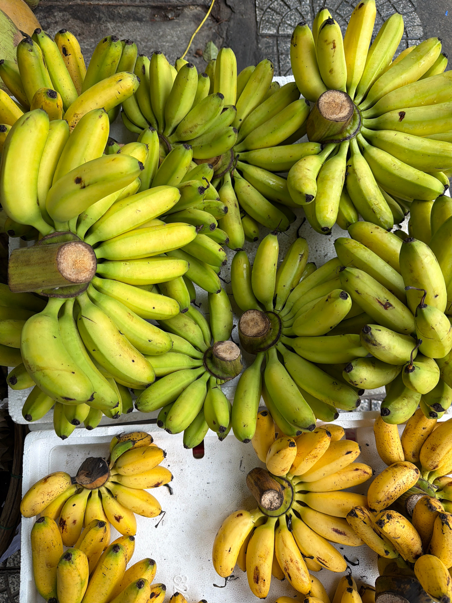 This is an overhead shot of a street vendor's stall in Da Nang, Vietnam, displaying a large assortment of bananas. The bananas are arranged in bunches and are varying shades of green and yellow, with some showing brown spots indicating ripeness. They are presented on white Styrofoam containers and directly on the pavement, which is paved with grey and white tiles. The background shows a rough, textured surface, likely a sidewalk or street. There are no people visible in the frame. The lighting suggests it is daytime, with natural light illuminating the scene.