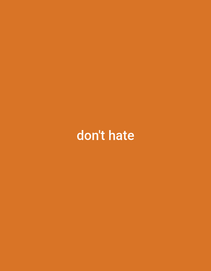 The image is a minimalist composition featuring the text "don't hate" centered on a solid orange background. The text is rendered in a clean, sans-serif font and is white in color. There are no other discernible elements in the image, and no identifiable location or context within a city is provided.