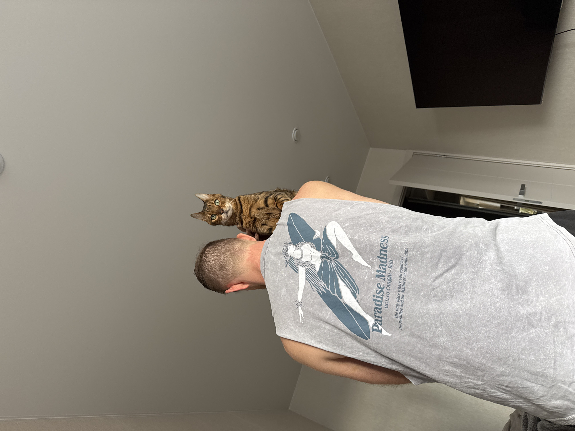An indoor scene captured from a low angle shows a person from behind and slightly above, standing with a tabby cat perched on their right shoulder. The person has short, dark hair and wears a light gray sleeveless t-shirt. The cat, with prominent green-yellow eyes and brown-black striped fur, is looking directly towards the viewer, appearing alert and curious.
The back of the person's t-shirt features a graphic of a stylized woman holding a surfboard. Accompanying text on the shirt reads "Paradise Madness", "uc.n.co Canggu - Bali", and "The only place where you could feel the Paradise and the Madness at the same time".
The background consists of light-colored walls and ceiling. A black flat-screen television is mounted high on the wall to the right. Below the television, a window is visible, covered by partially open white horizontal blinds. The setting appears to be a casual room, possibly a home, and the interaction between the person and the cat suggests a relaxed, domestic moment. The time of day is not evident, as the lighting seems to be artificial or ambient indoor light.