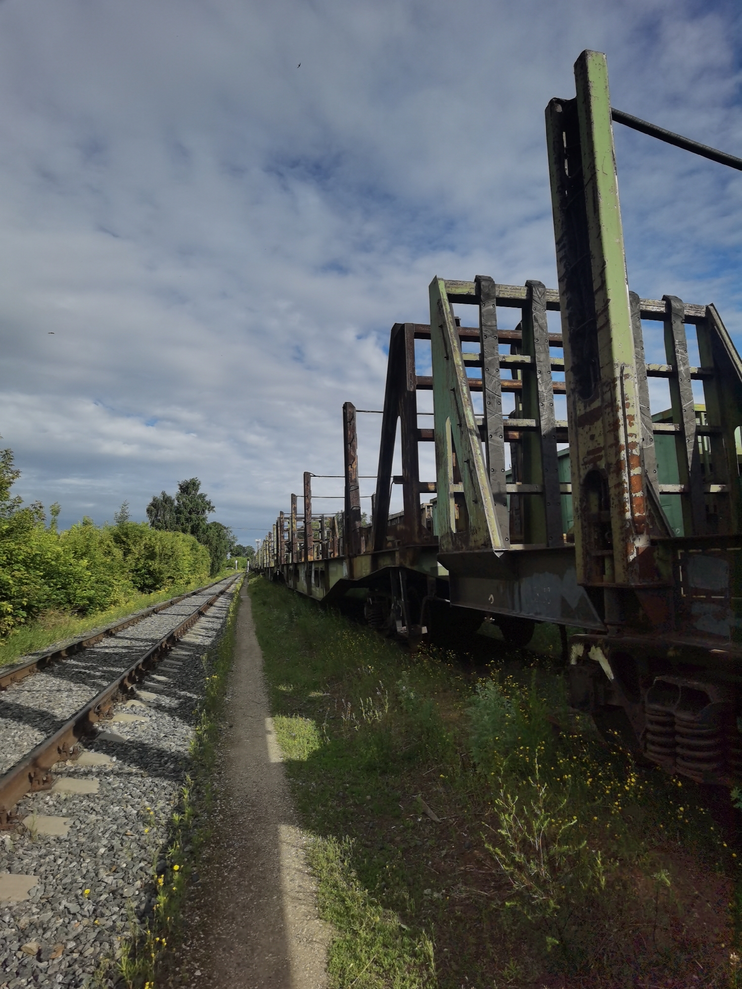 An outdoor, eye-level, medium shot captures a freight train alongside a gravel railway track. The train cars are old and appear to be made of metal, with some sections painted green and others rusted brown. The cars have a cage-like structure on top, suggesting they may be designed for carrying large or bulky items. The railway track is laid on a bed of grey gravel, and to the left of the track is a dense line of green trees and bushes. A narrow dirt path runs parallel to the train on the right side. The sky is partly cloudy with a mix of white and grey clouds, and the sun is intermittently shining through. There are no people visible in the image, and the scene appears to be in a rural or semi-rural setting. There are no indicators in the image to suggest a specific location within the city of Chaikovsky, Russia.