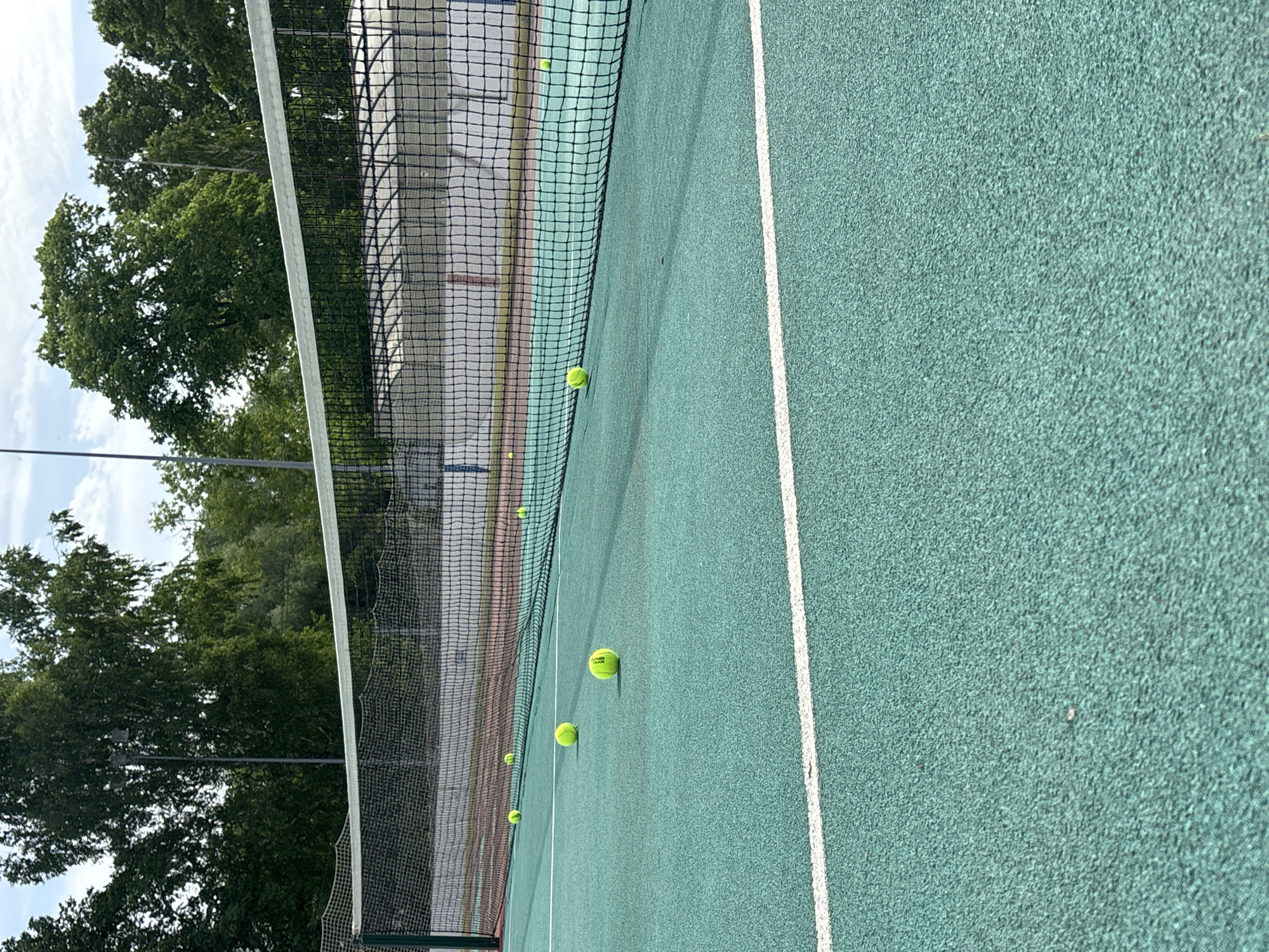 The image shows a tennis court with a green surface and a white sideline. A black tennis net stretches across the court. Several yellow tennis balls are scattered near the net. The background includes trees and a fence. The location is Chaikovsky, Russia.